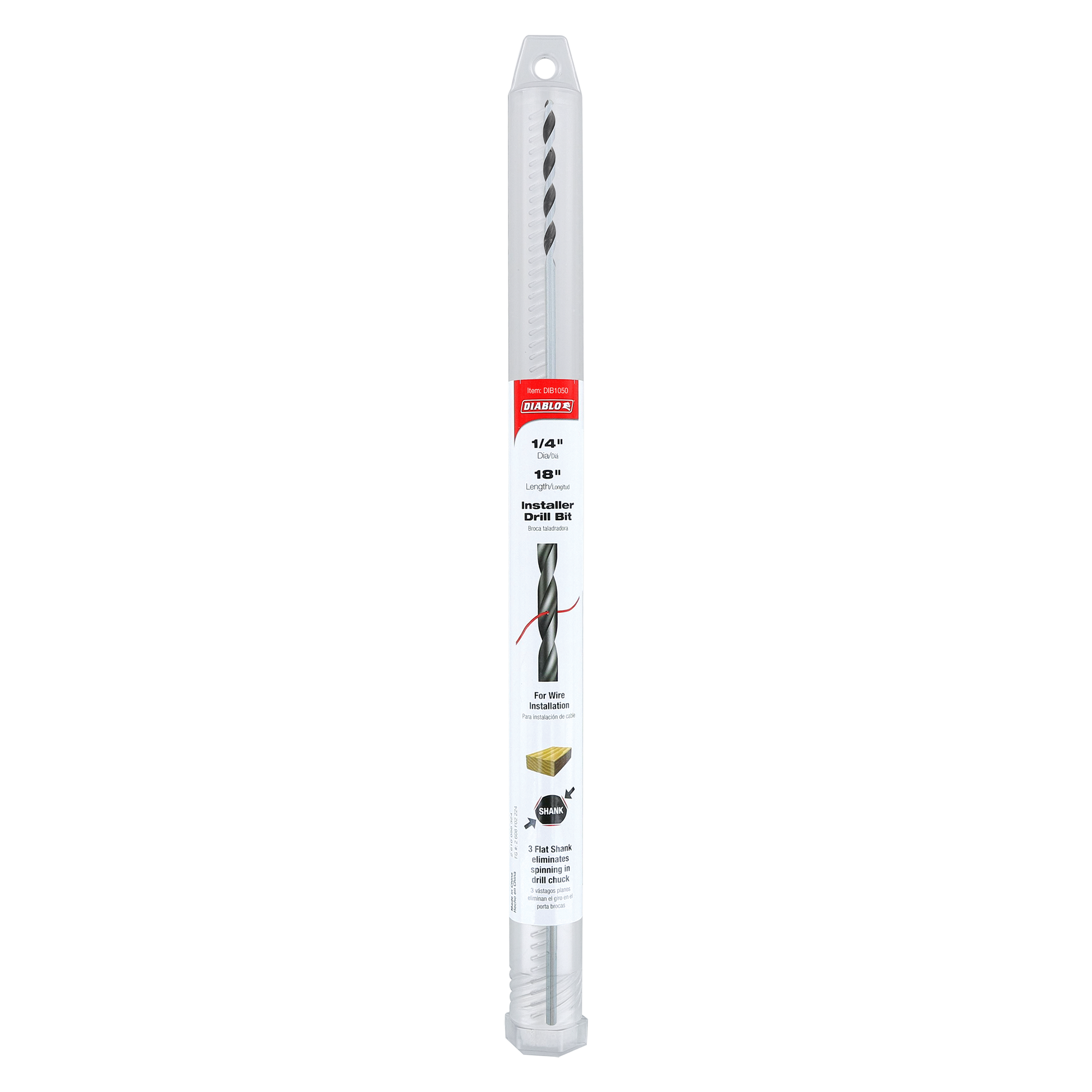 Long metal drill bit with spiral flutes and flat eye hook at top in clear plastic packaging labeled 1/4" x 18" installer bit.