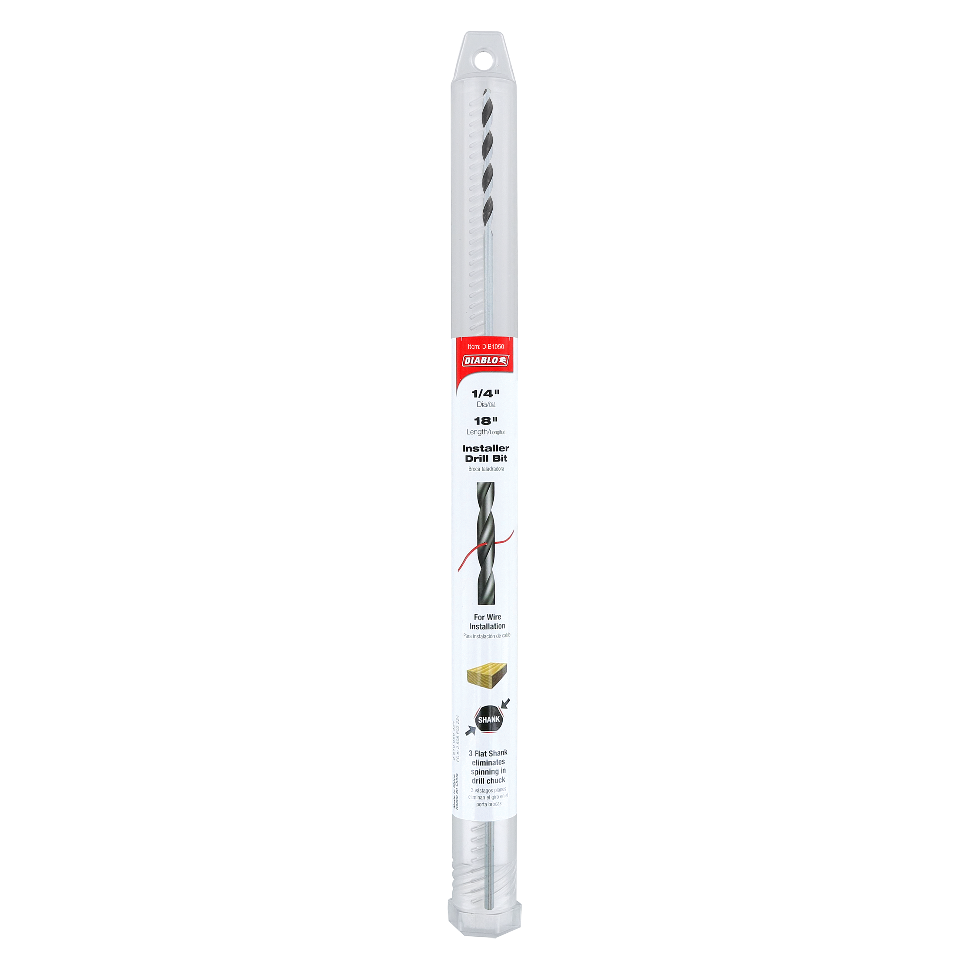 Long metal drill bit with spiral flutes and flat eye hook at top in clear plastic packaging labeled 1/4" x 18" installer bit.