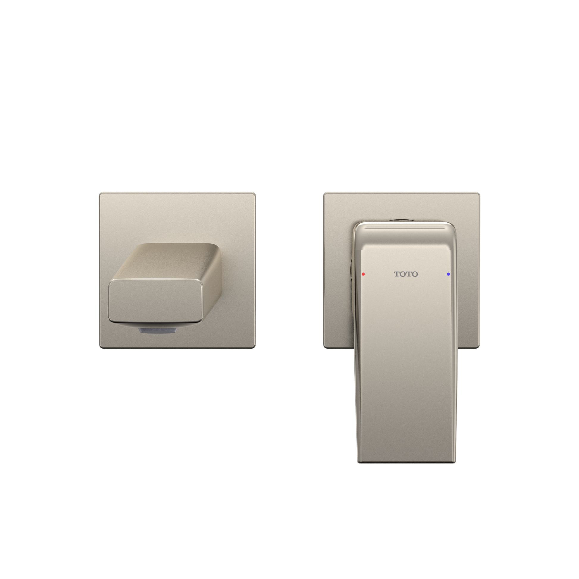 Polished nickel wall-mount single-handle bathroom faucet with rectangular escutcheon and long spout lever in satin finish.