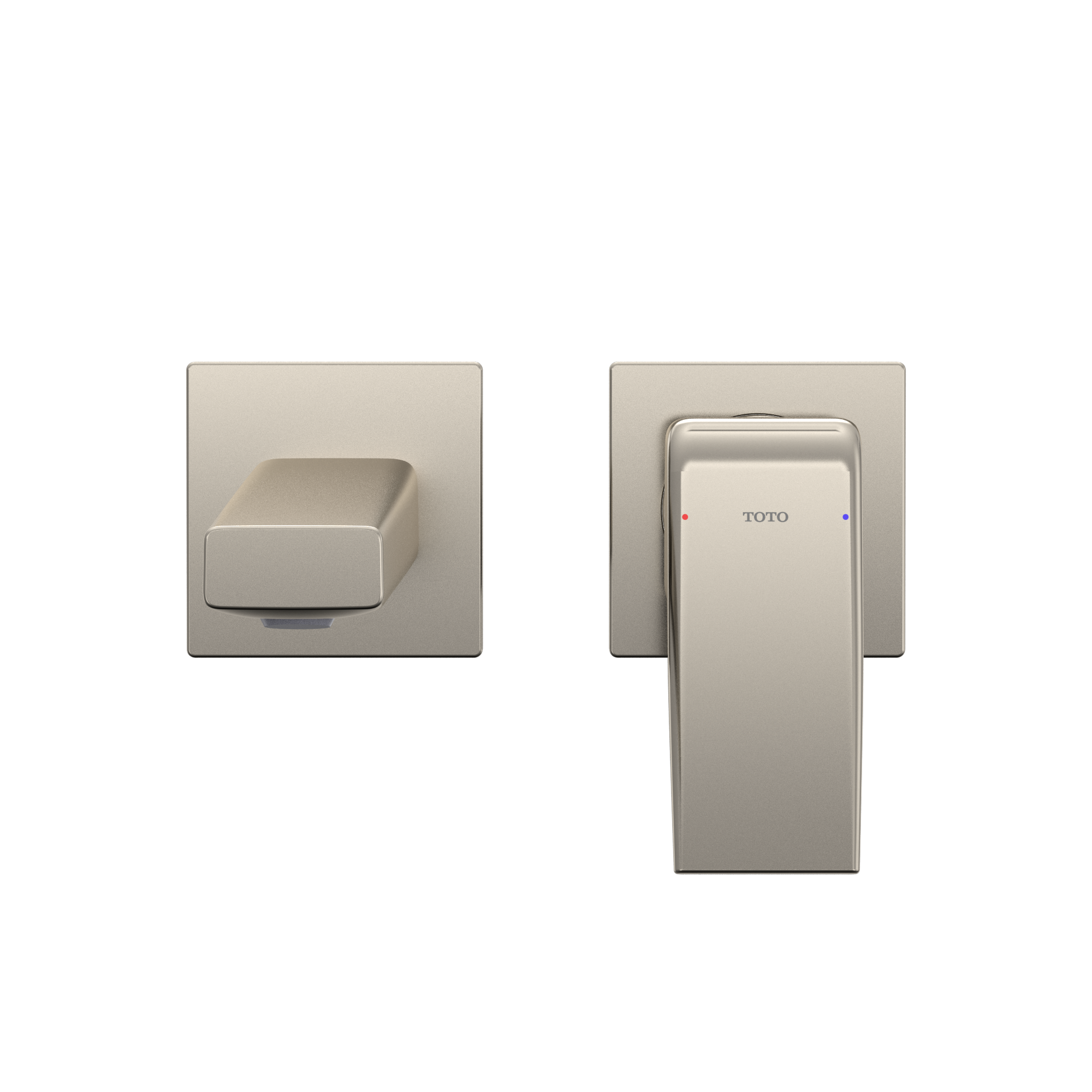 Polished nickel wall-mount single-handle bathroom faucet with rectangular escutcheon and long spout lever in satin finish.