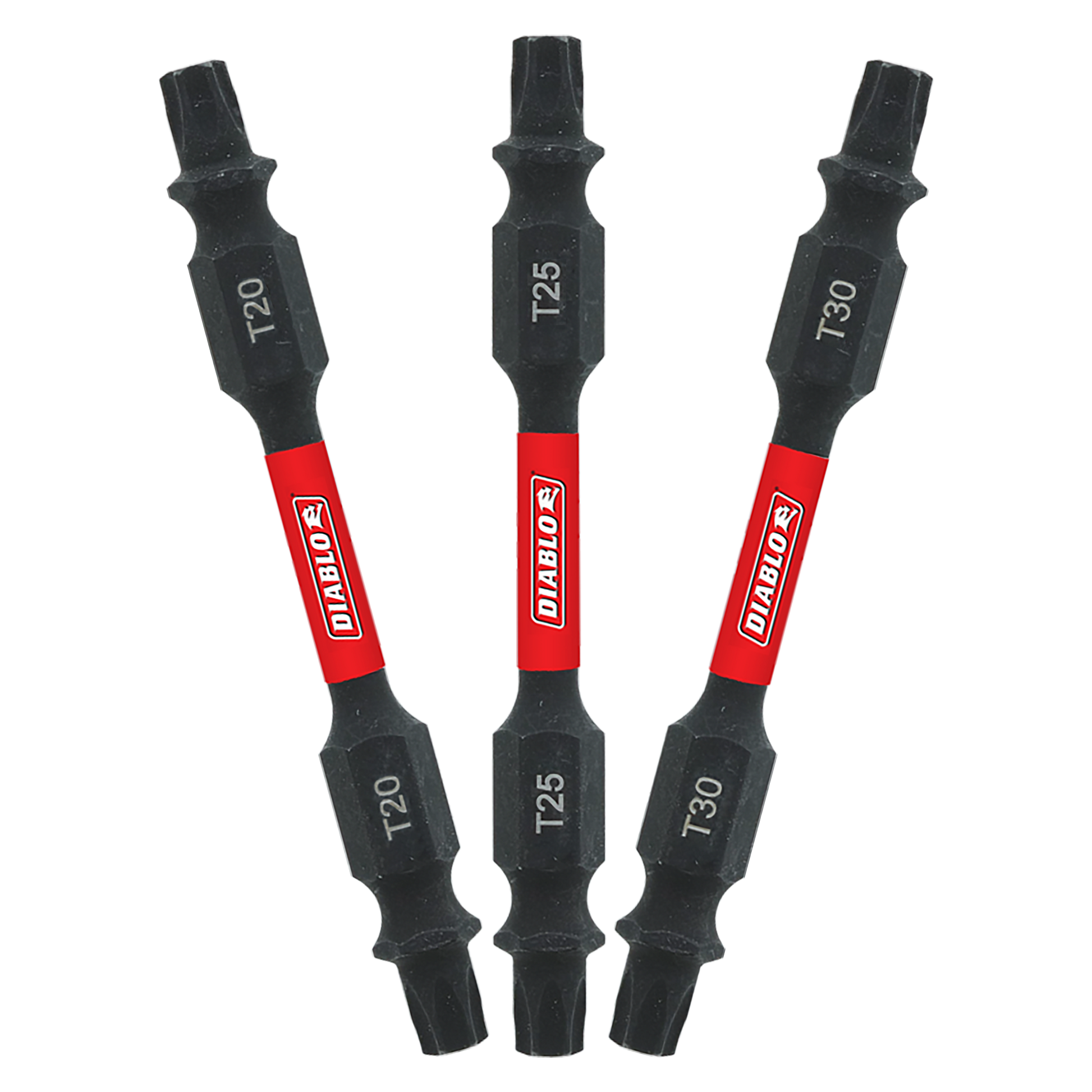 Six black double-ended Torx drive bits with red Diablo branding bands, labeled T20, T25, and T30.