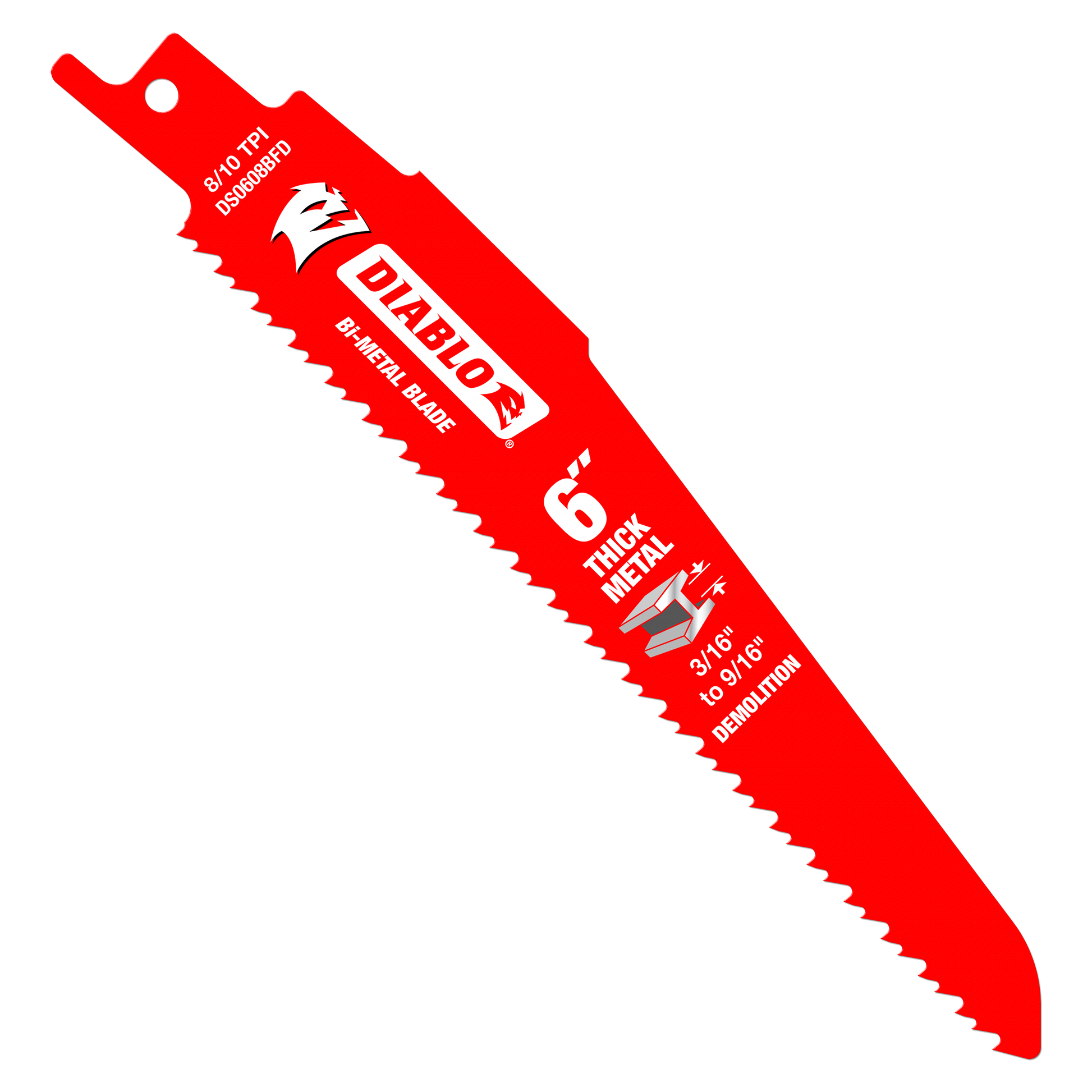 Red Diablo bi-metal reciprocating saw blade with serrated edge and mounting hole for thick metal cutting.