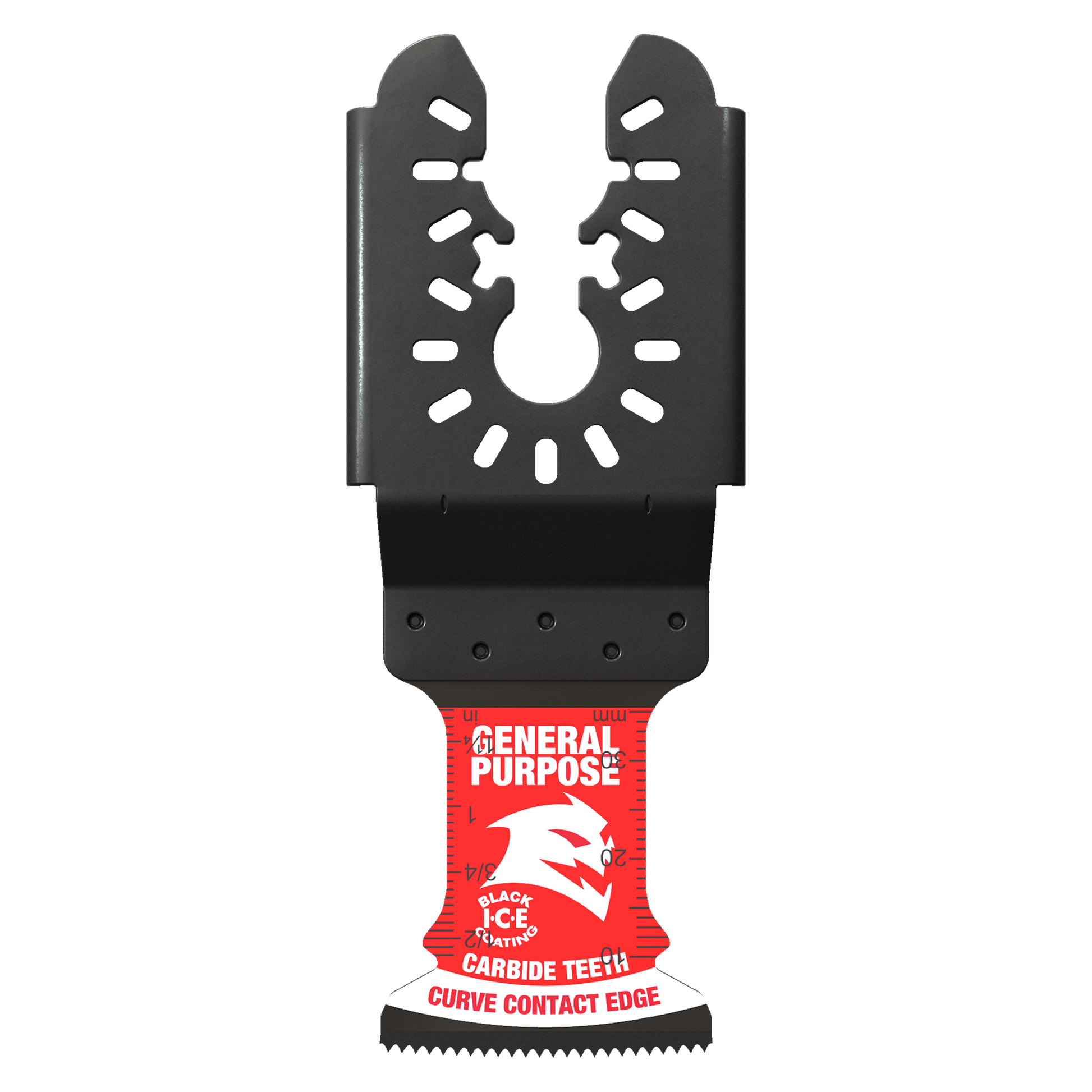 Black carbide oscillating blade with U-shaped cutting head and red General Purpose handle with serrated bottom edge.