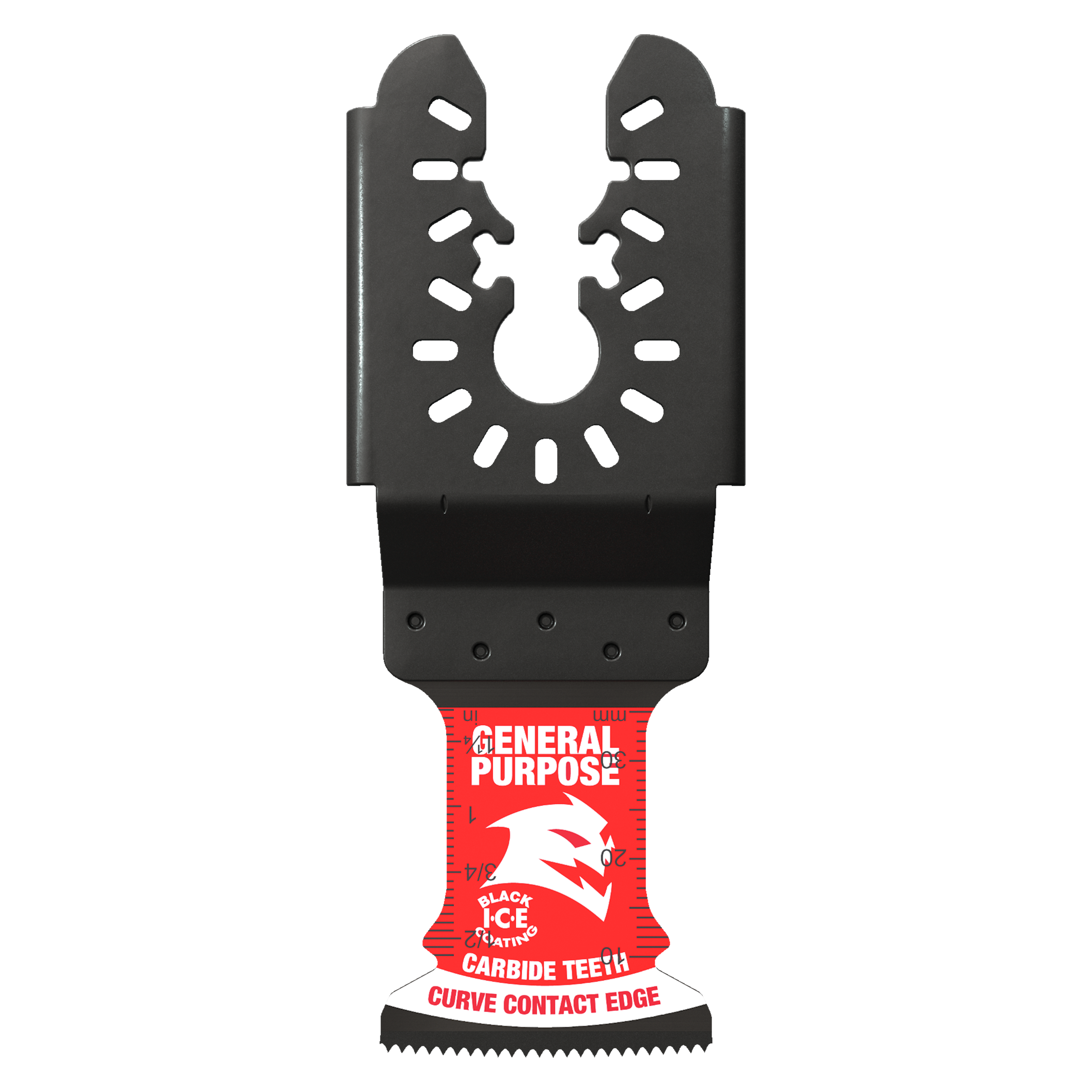 Black carbide oscillating blade with red handle labeled "General Purpose" and toothed cutting edge for curved cuts.