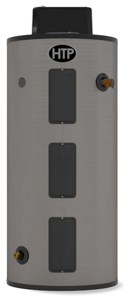 HTP Everlast Elevate 55-gallon electric water heater with gray cylindrical tank, black top, and three access panels.