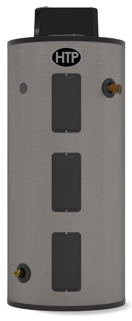 HTP Everlast Elevate 55-gallon electric water heater with gray cylindrical tank, black top, and three access panels.