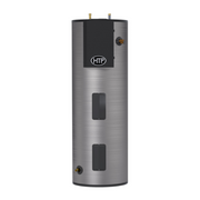 Tall cylindrical stainless steel water heater with black top section, HTP logo, two rectangular windows, and brass connection