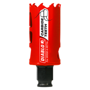 Red and black carbide-tipped holesaw with jagged cutting edge and Diablo branding on cylindrical body.