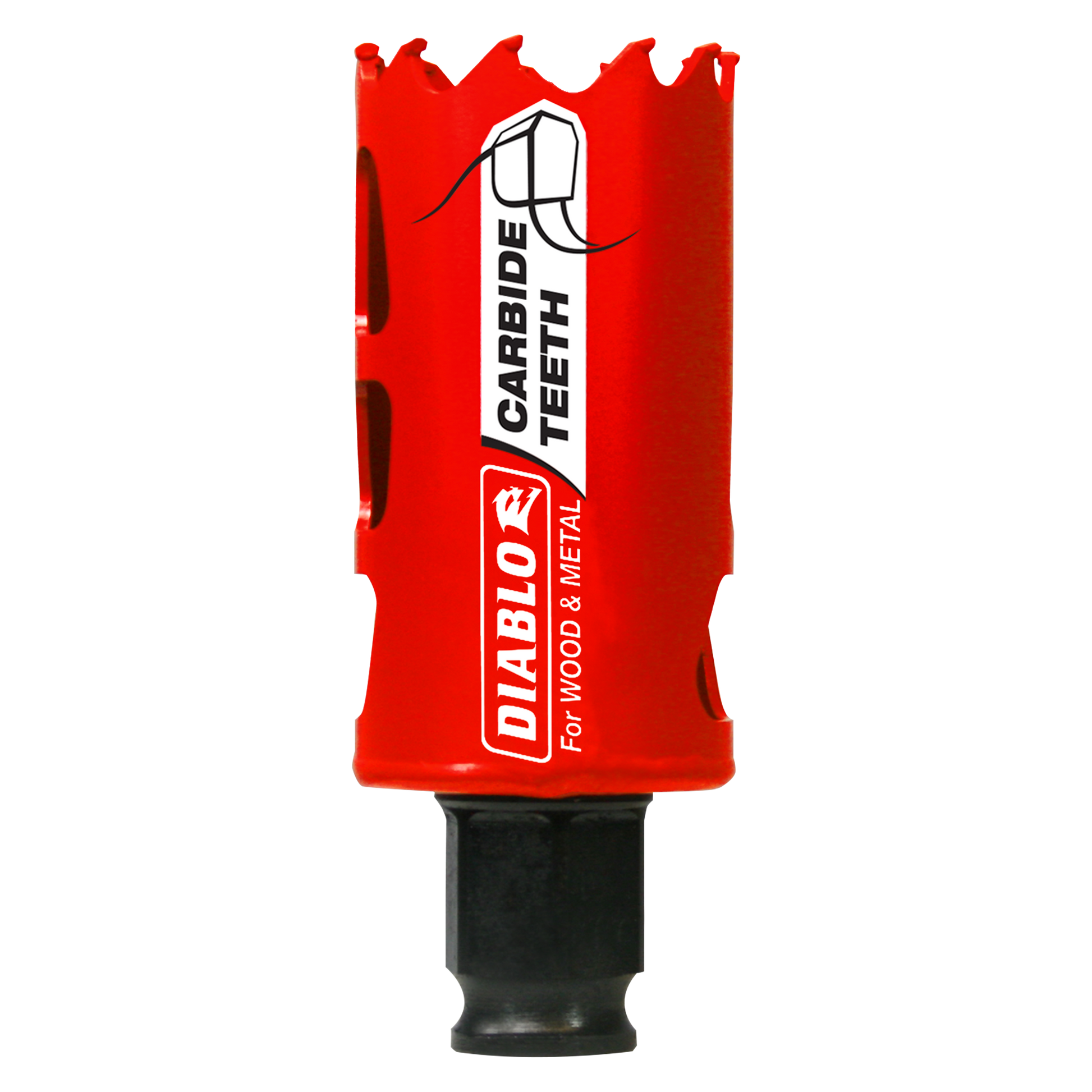 Red and black carbide-tipped holesaw with jagged cutting edge and Diablo branding on cylindrical body.