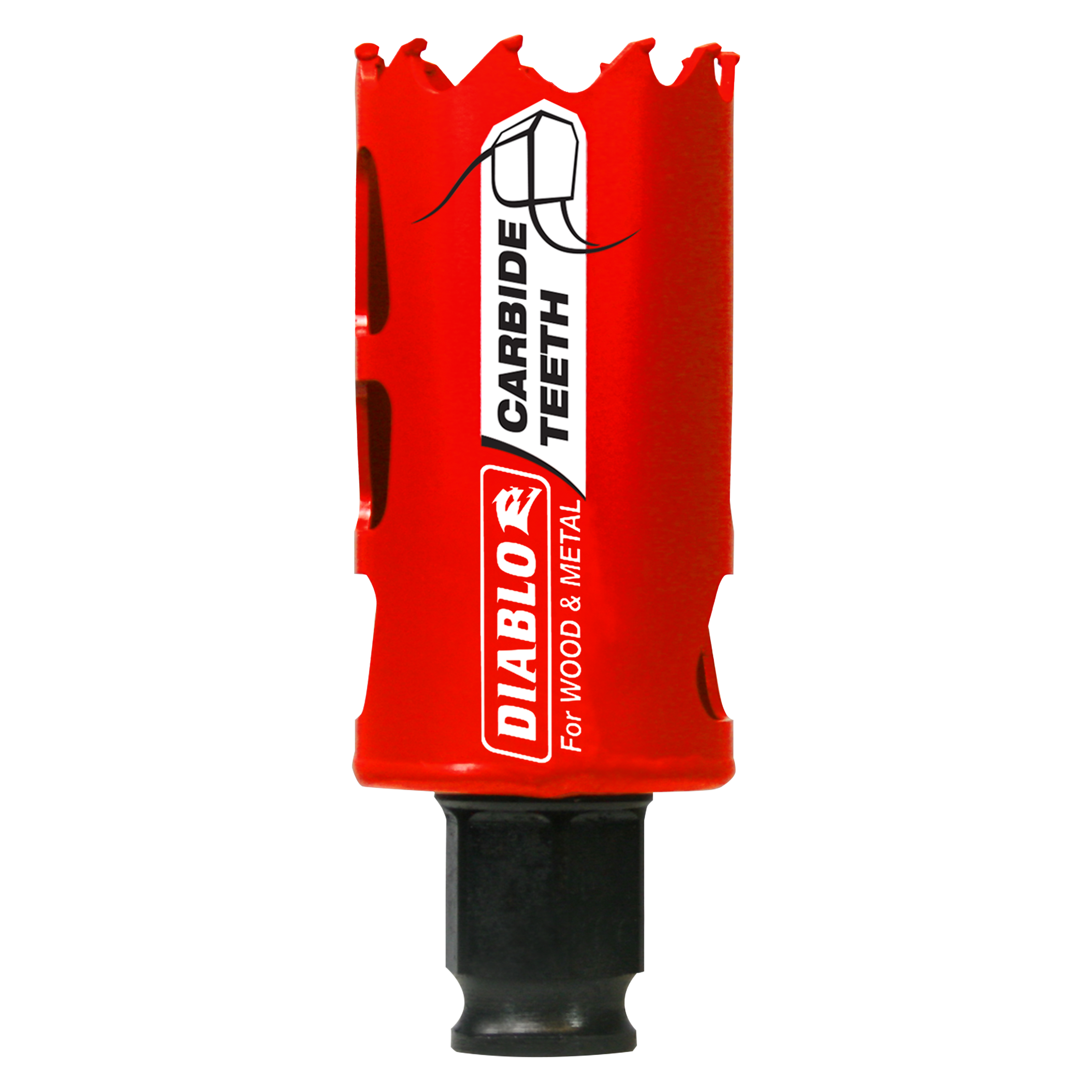 Red and black carbide-tipped holesaw with jagged cutting edge and Diablo branding on cylindrical body.