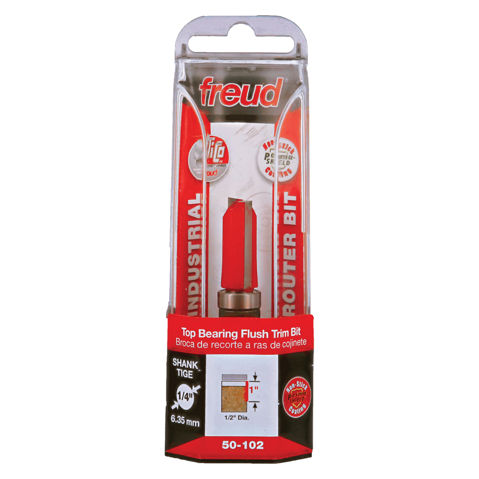 Freud 1/2" diameter top bearing flush trim router bit with 1/4" shank in clear clamshell packaging.