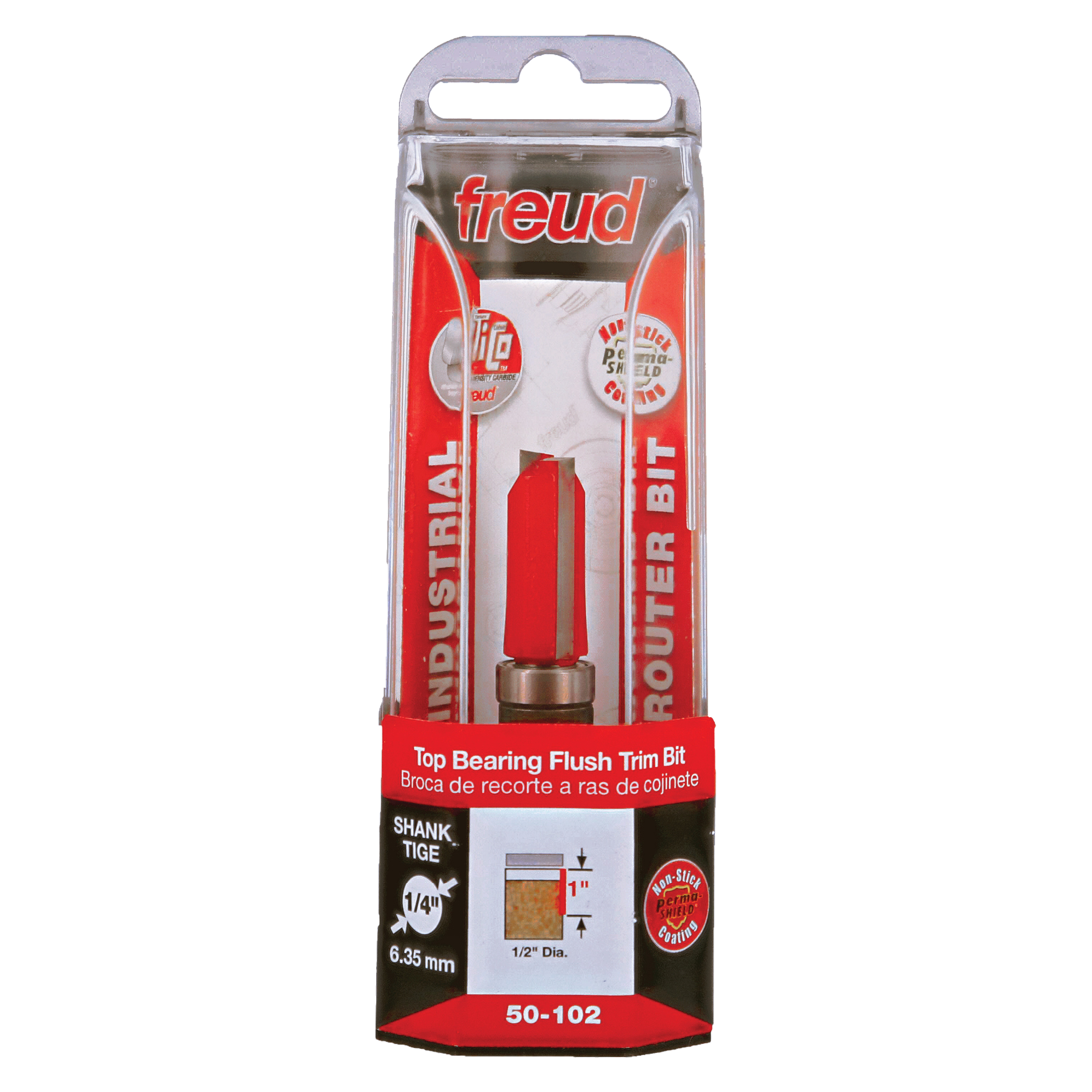 Freud 1/2" diameter top bearing flush trim router bit with 1/4" shank in clear clamshell packaging.