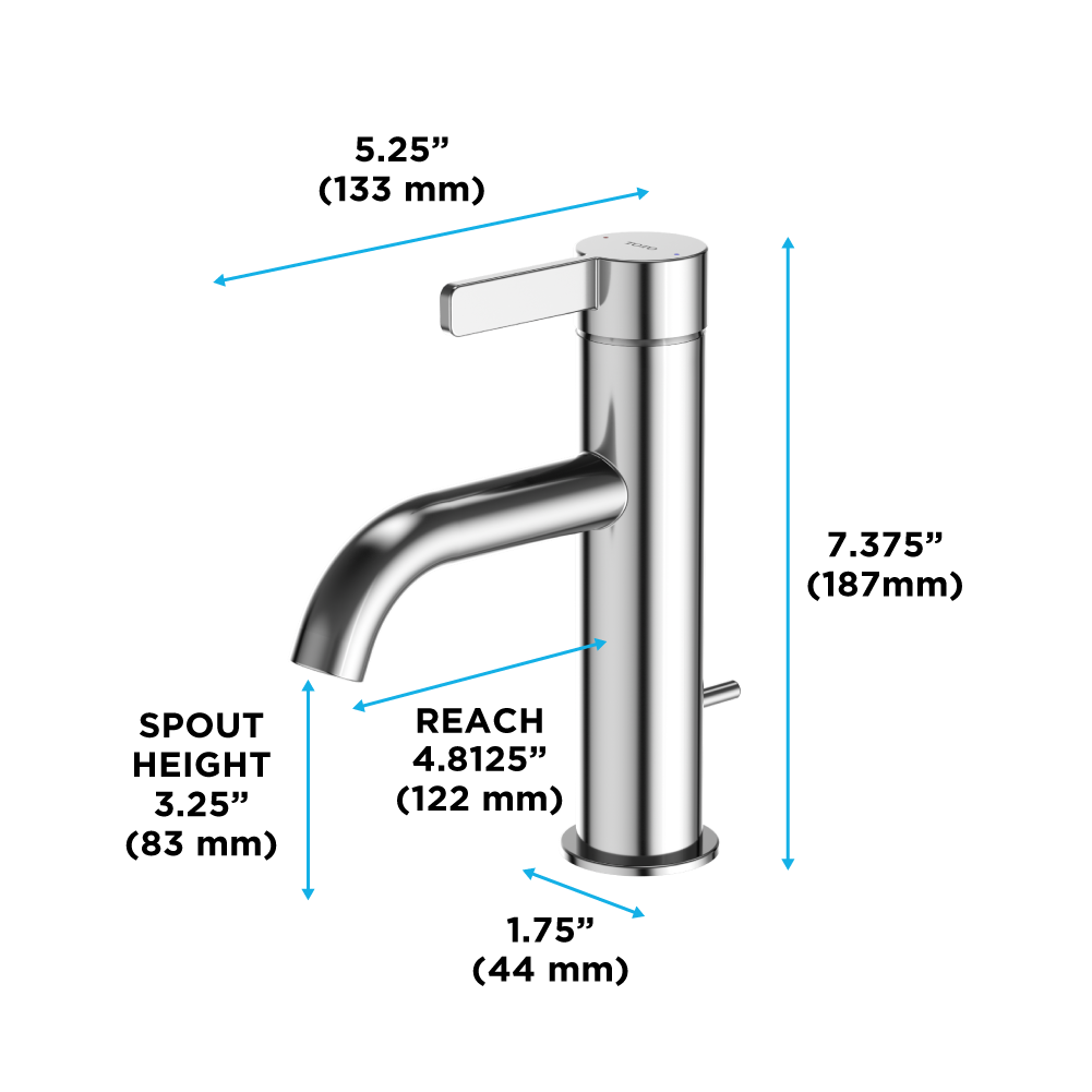 Polished nickel single-handle bathroom sink faucet with curved spout and dimension measurements displayed.