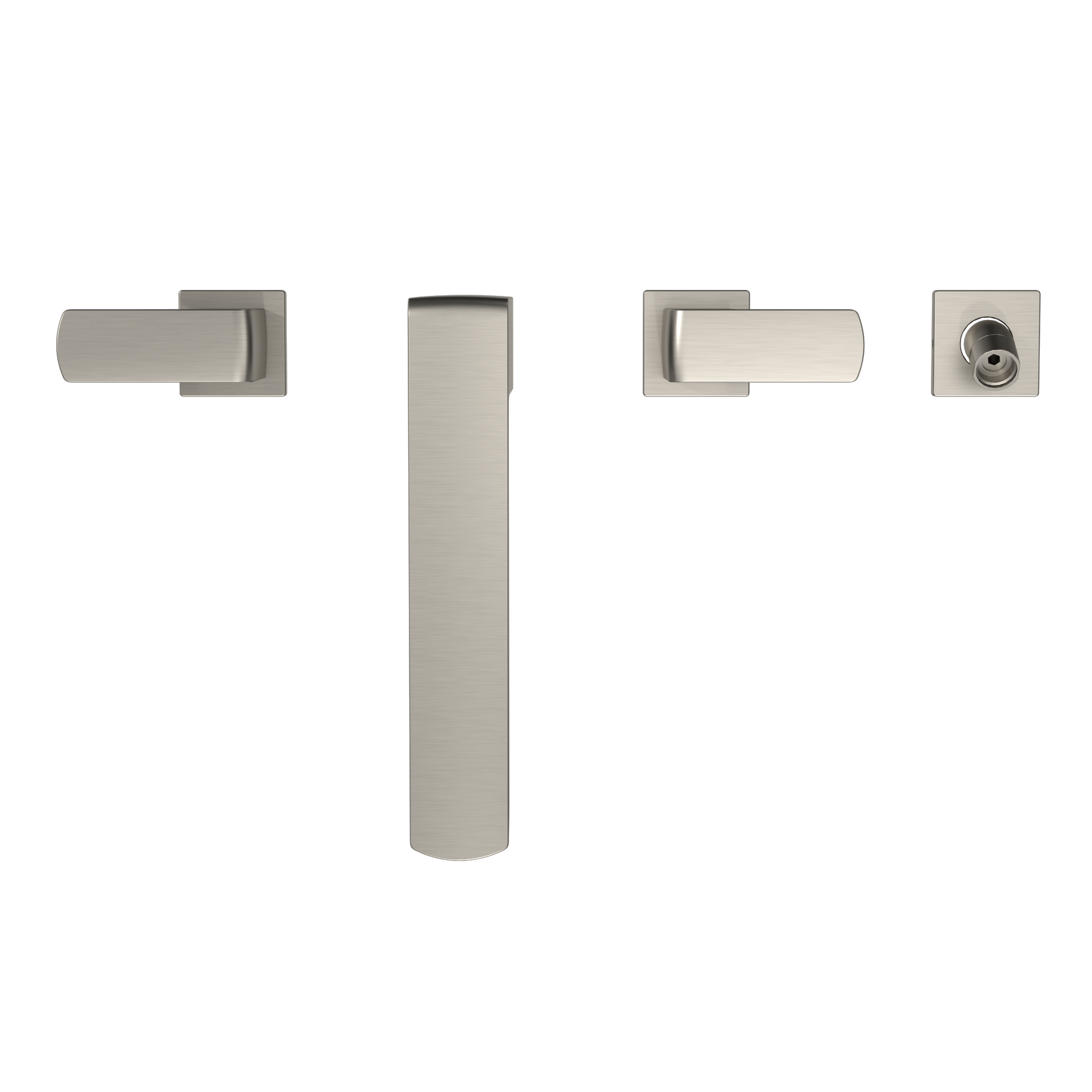 Brushed nickel two-handle roman tub filler trim with central spout and handshower in satin finish.