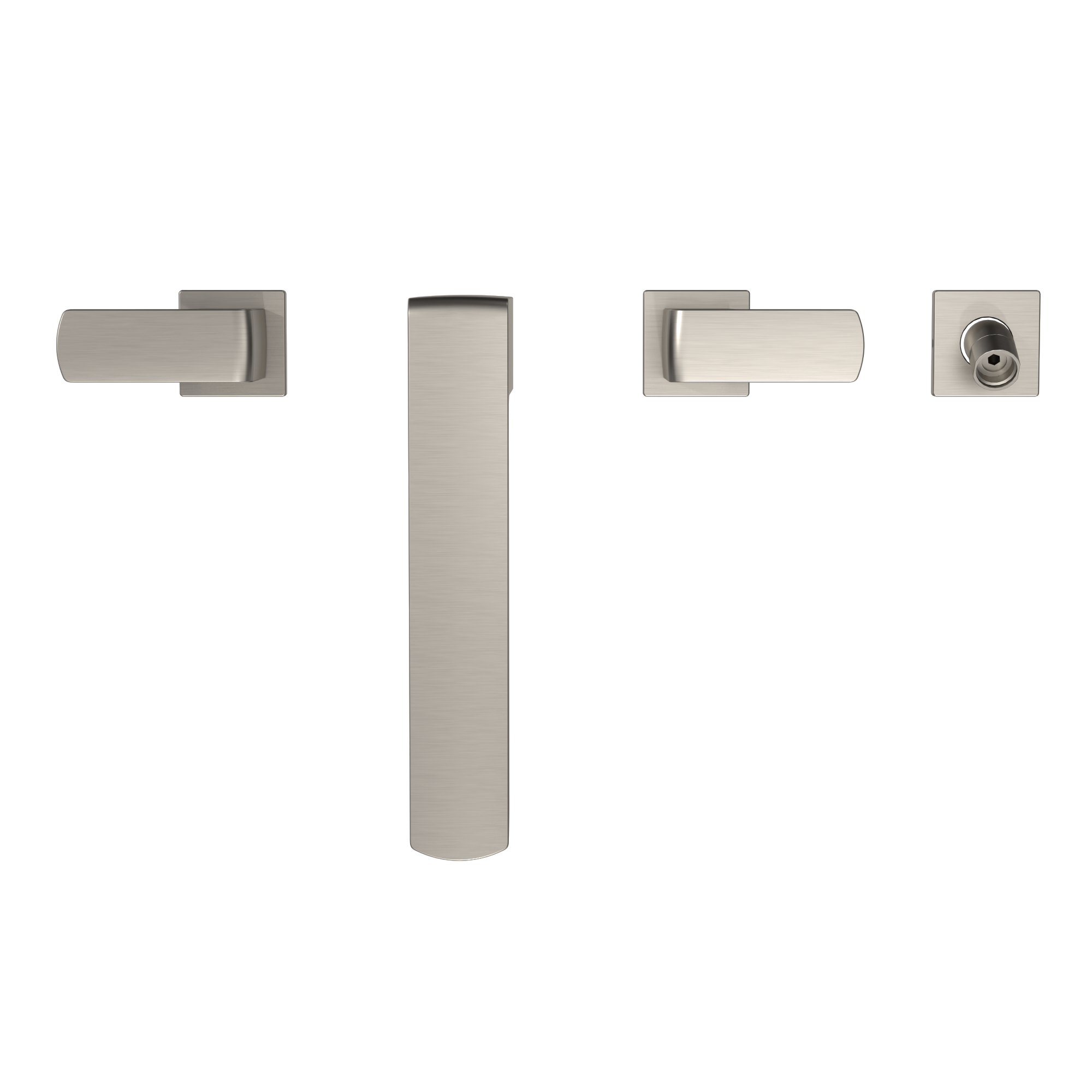 Brushed nickel two-handle roman tub filler trim with central spout and handshower in satin finish.