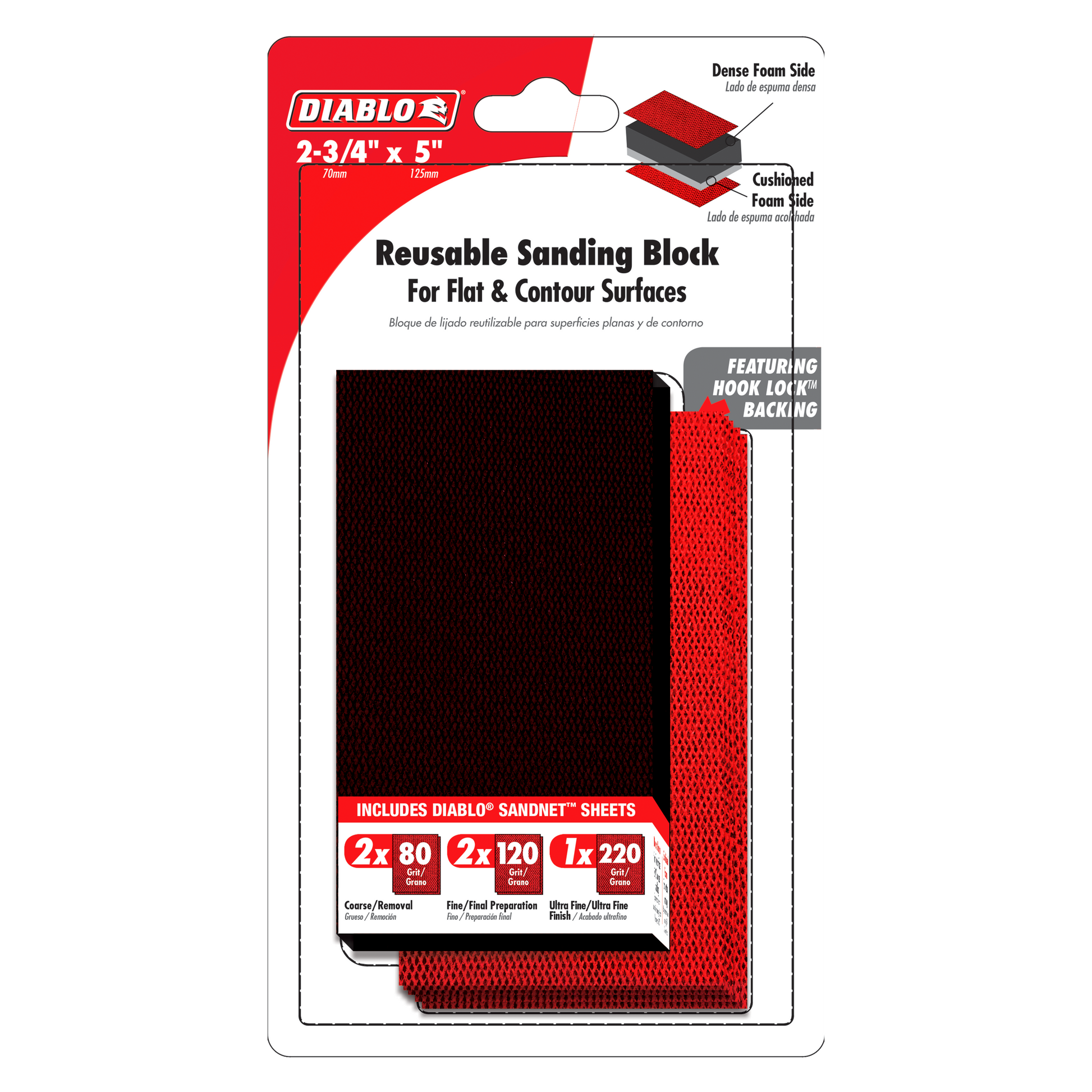 Diablo 2-3/4 x 5 inch reusable sanding block with dense foam and cushioned foam sides, includes assorted sandpaper sheets.