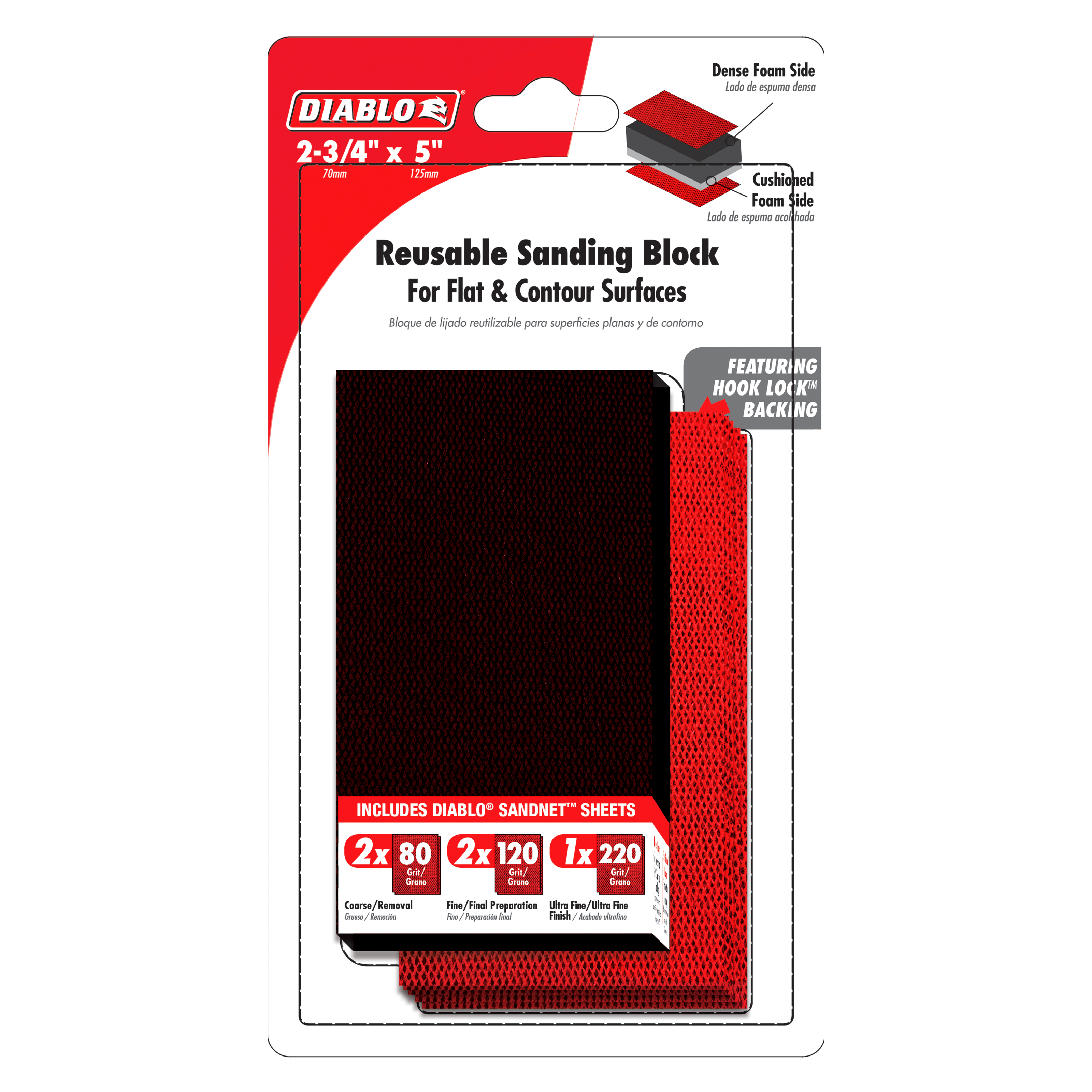 Diablo 2-3/4 x 5 inch reusable sanding block with dense foam and cushioned foam sides, includes assorted sandpaper sheets.