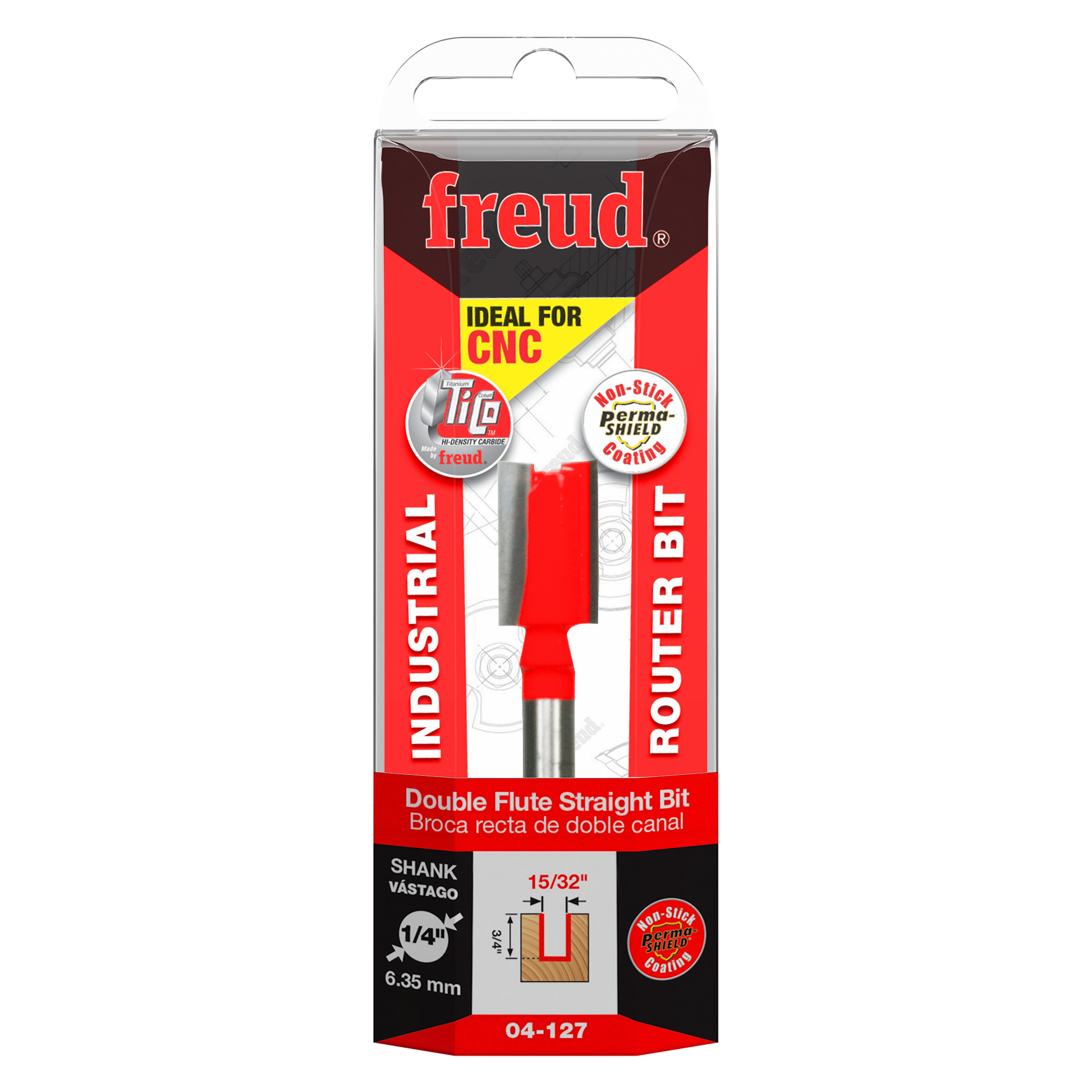 Freud 04-127 double flute straight router bit with red grip and 1/4" shank in retail packaging.