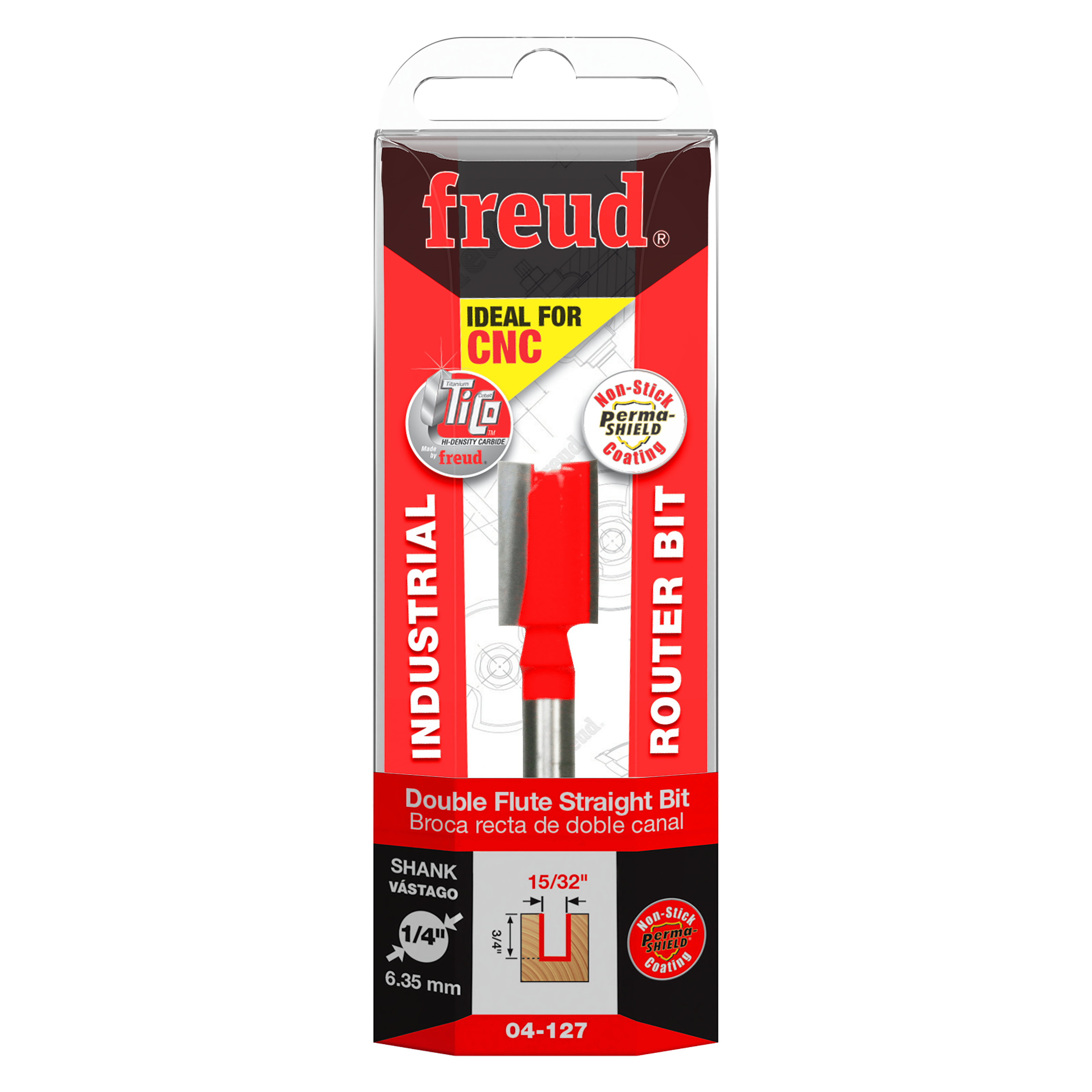 Freud 04-127 double flute straight router bit with red grip and 1/4" shank in retail packaging.