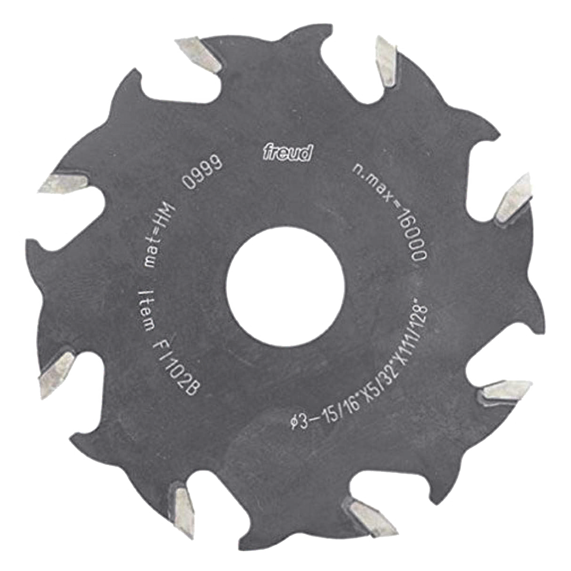 Freud FI102 4-inch circular saw blade with 8 teeth and carbide tips for biscuit joinery.