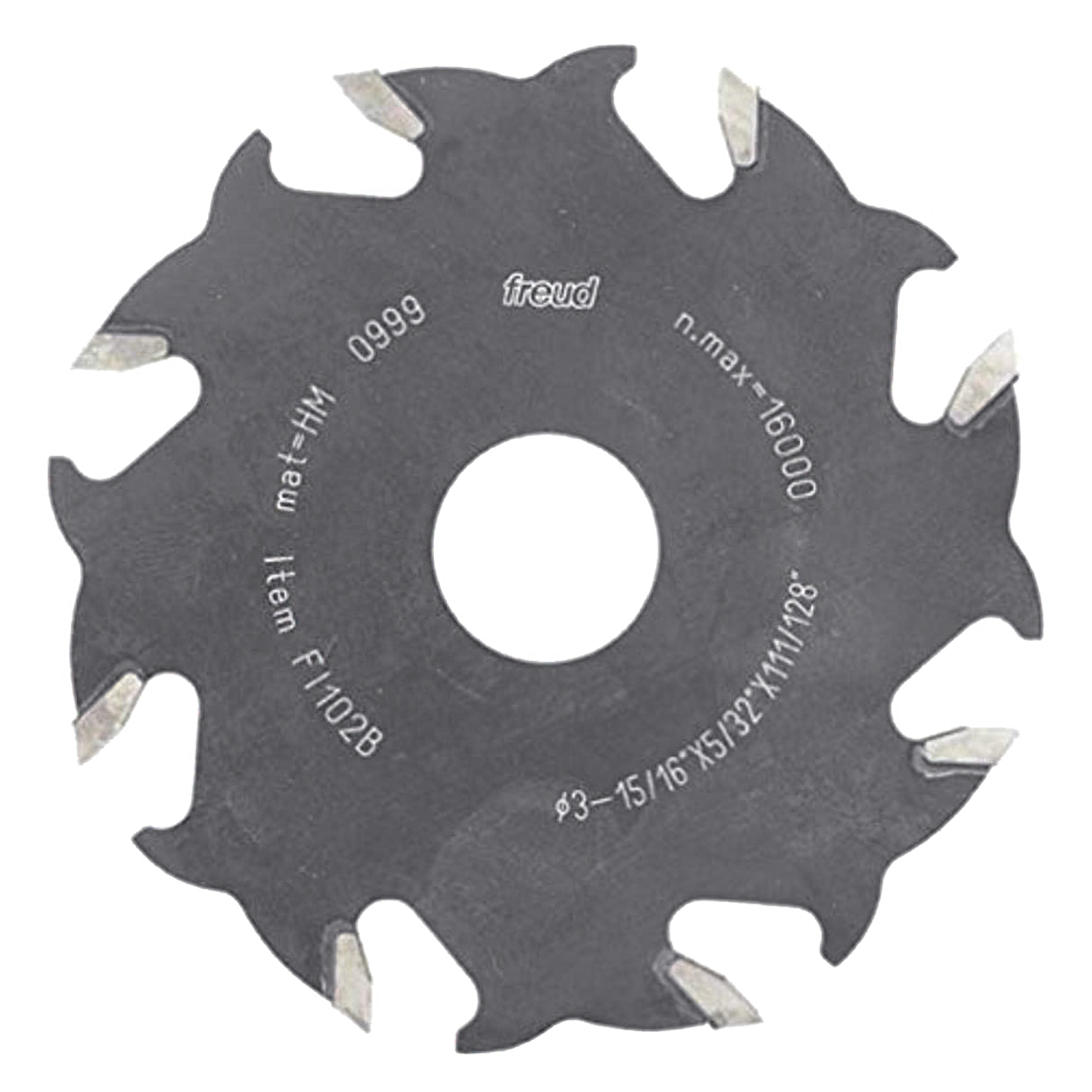 Freud FI102 4-inch circular saw blade with 8 teeth and carbide tips for biscuit joinery.