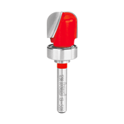 Freud router bit with red plastic body, metal shank, and rounded dish-shaped cutting head for woodworking.