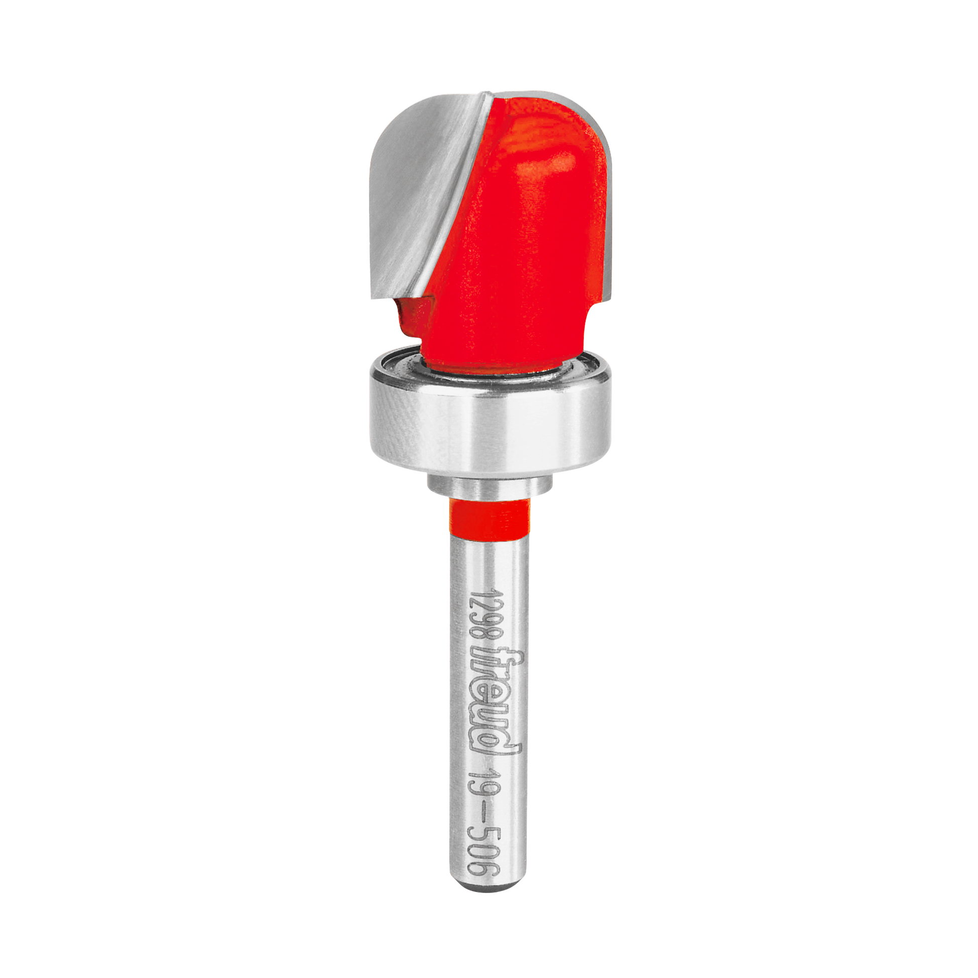 Freud router bit with red plastic body, metal shank, and rounded dish-shaped cutting head for woodworking.