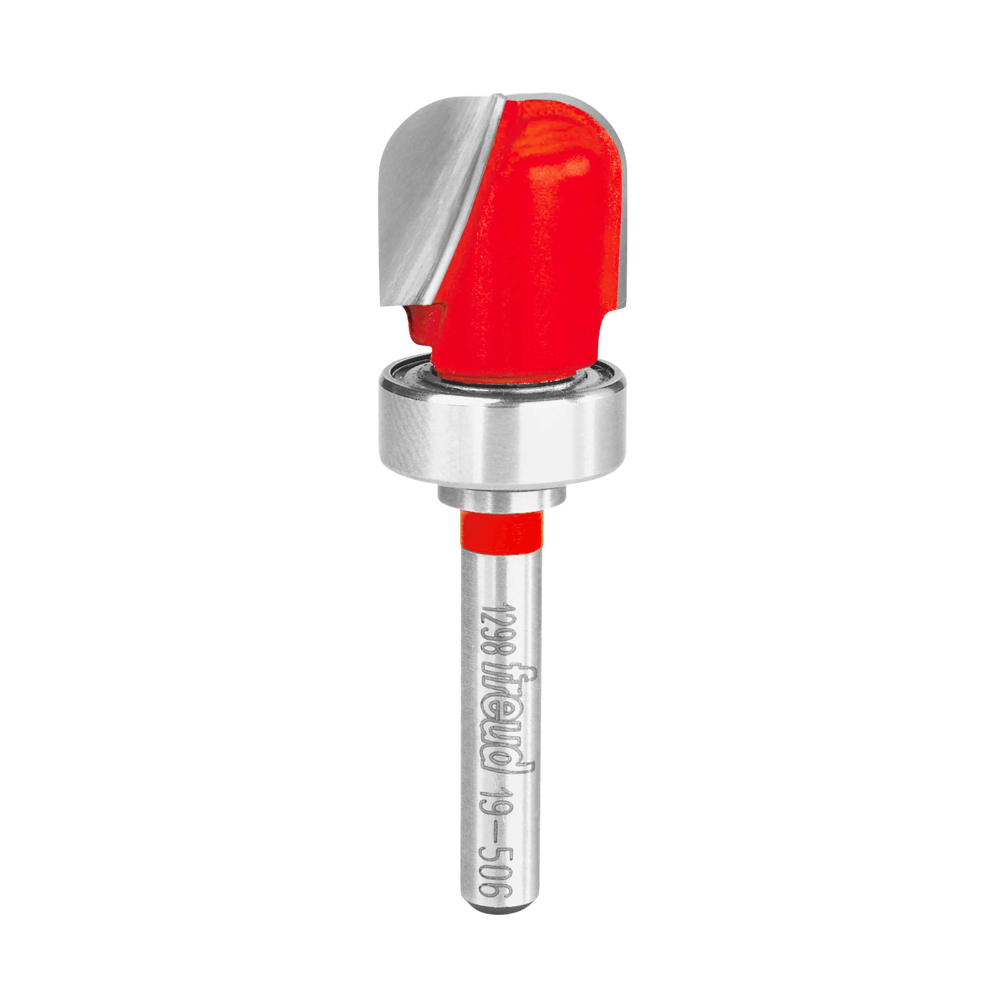 Freud router bit with red plastic body, metal shank, and rounded dish-shaped cutting head for woodworking.