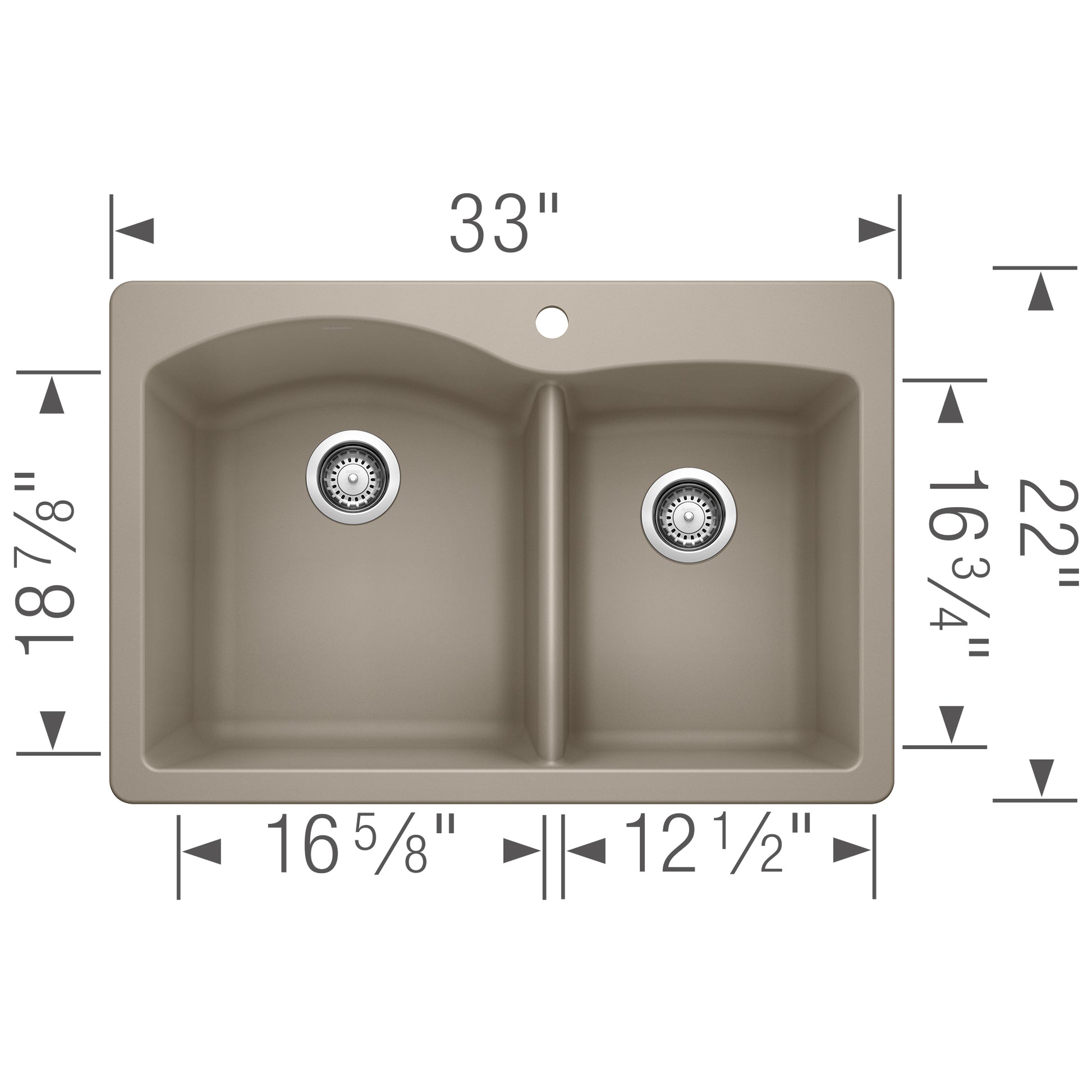 Truffle-colored drop-in kitchen sink with two bowls and chrome strainer drains, 33" wide.