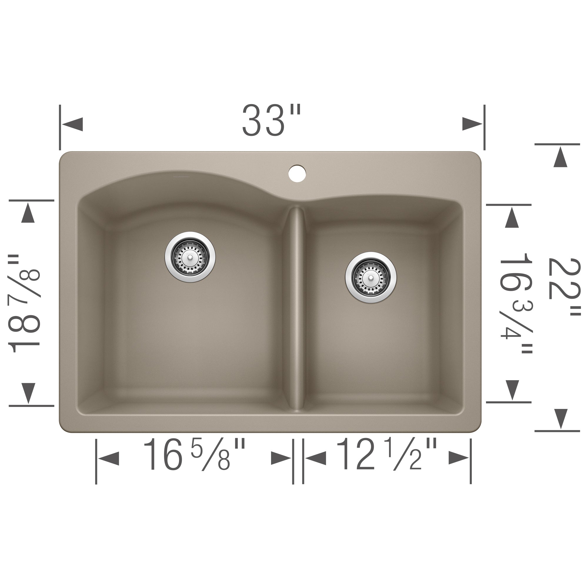 Truffle-colored drop-in kitchen sink with two bowls and chrome strainer drains, 33" wide.