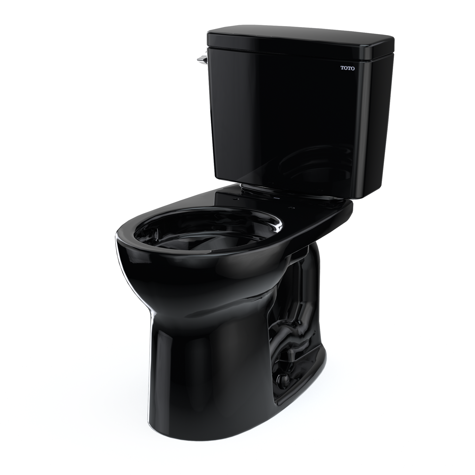 Ebony two-piece toilet with round bowl, tank, and lid shown in open position against white background.
