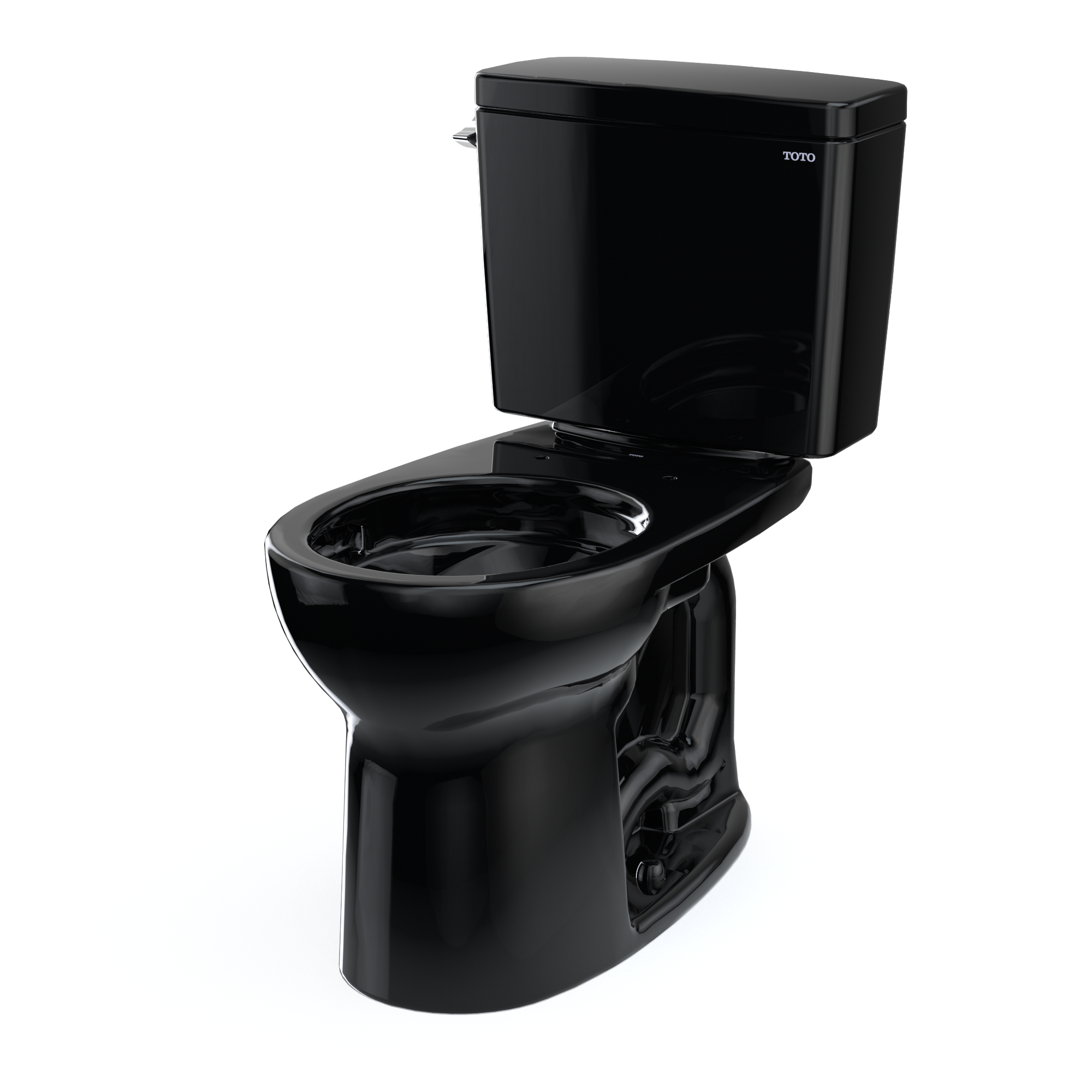 Ebony two-piece toilet with round bowl, tank, and lid shown in open position against white background.
