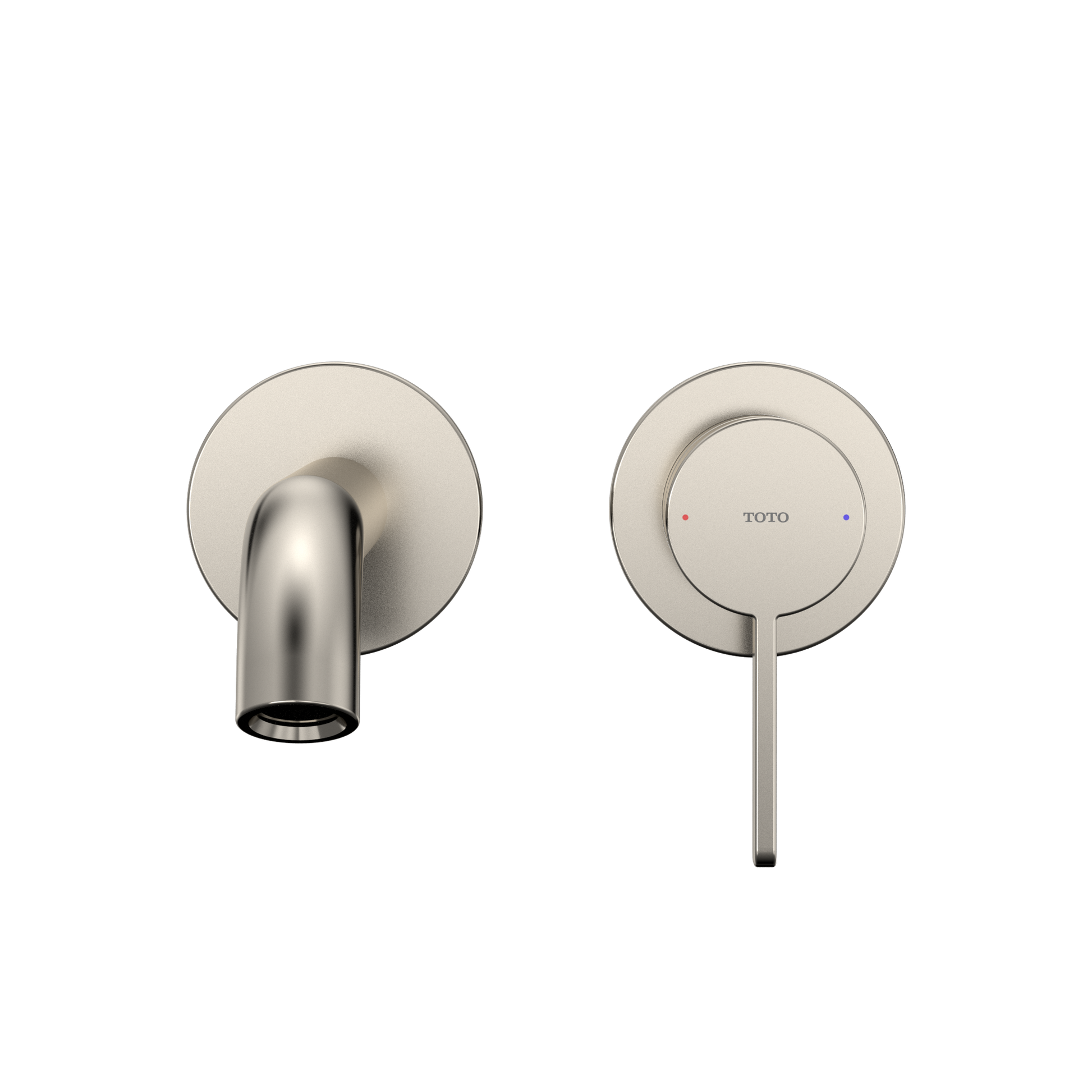 Polished nickel wall-mount bathroom faucet with single handle and curved spout shown from front and control views.