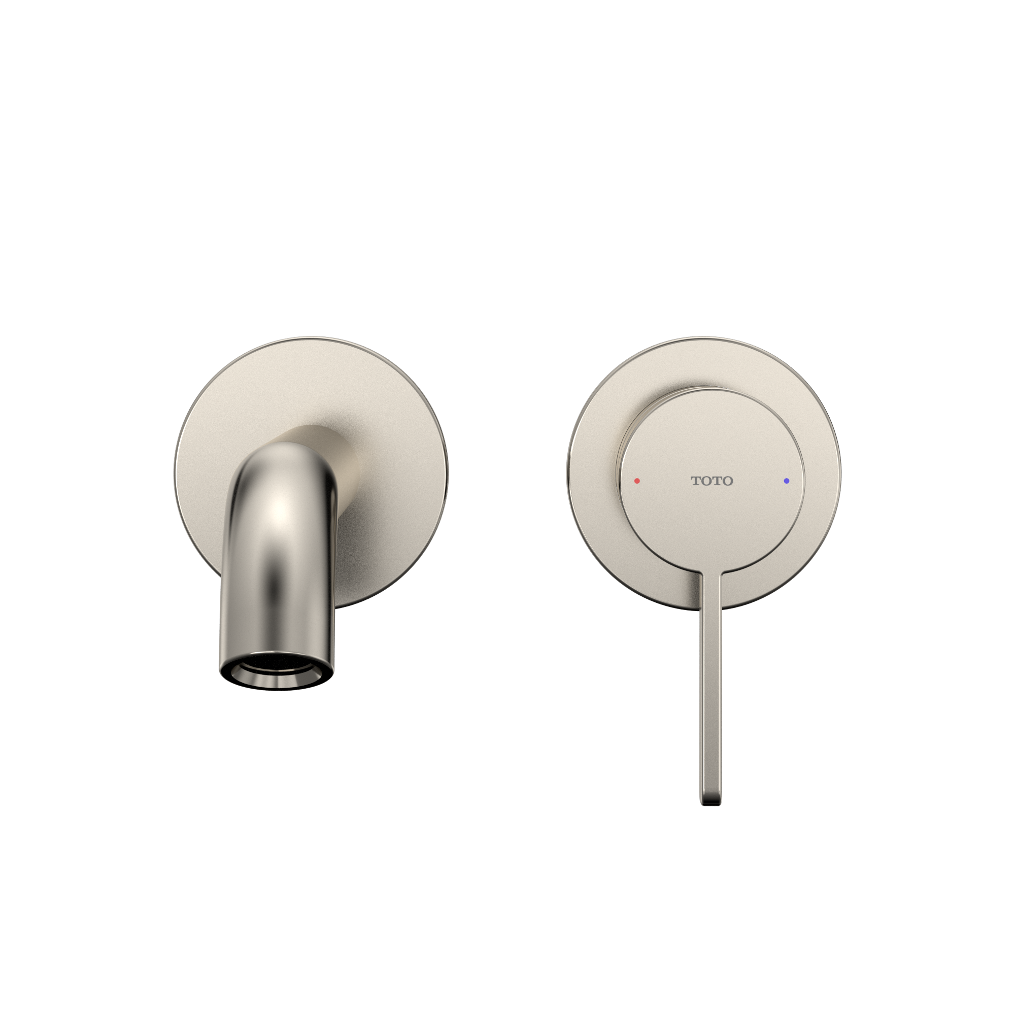 Polished nickel wall-mount bathroom faucet with single handle and curved spout shown from front and control views.