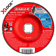 Red Diablo metal cut-off disc with white center hole, 4-1/2 inch diameter, marked TYPE 27 and X-LOCK compatible.