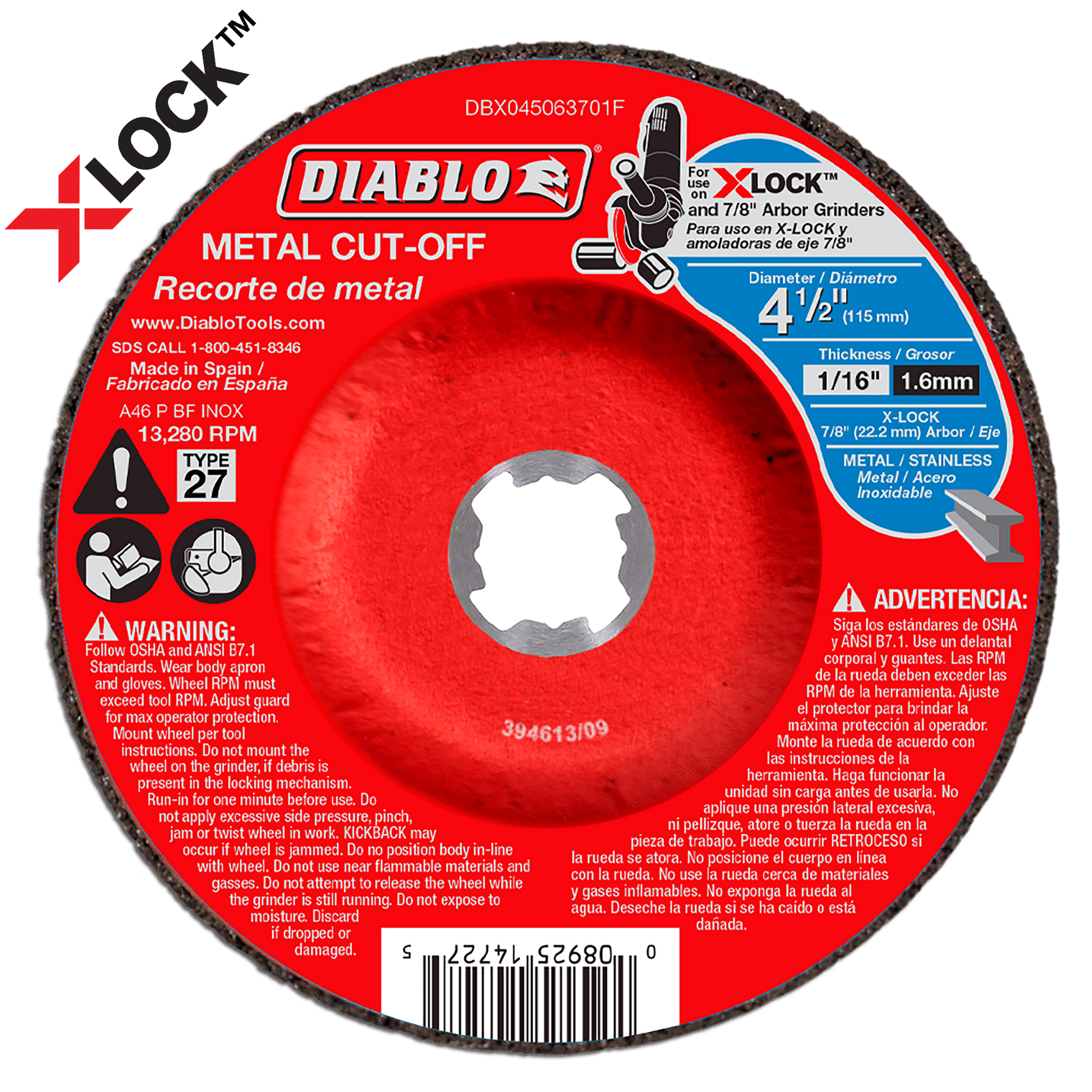 Red Diablo metal cut-off disc with white center hole, 4-1/2 inch diameter, marked TYPE 27 and X-LOCK compatible.