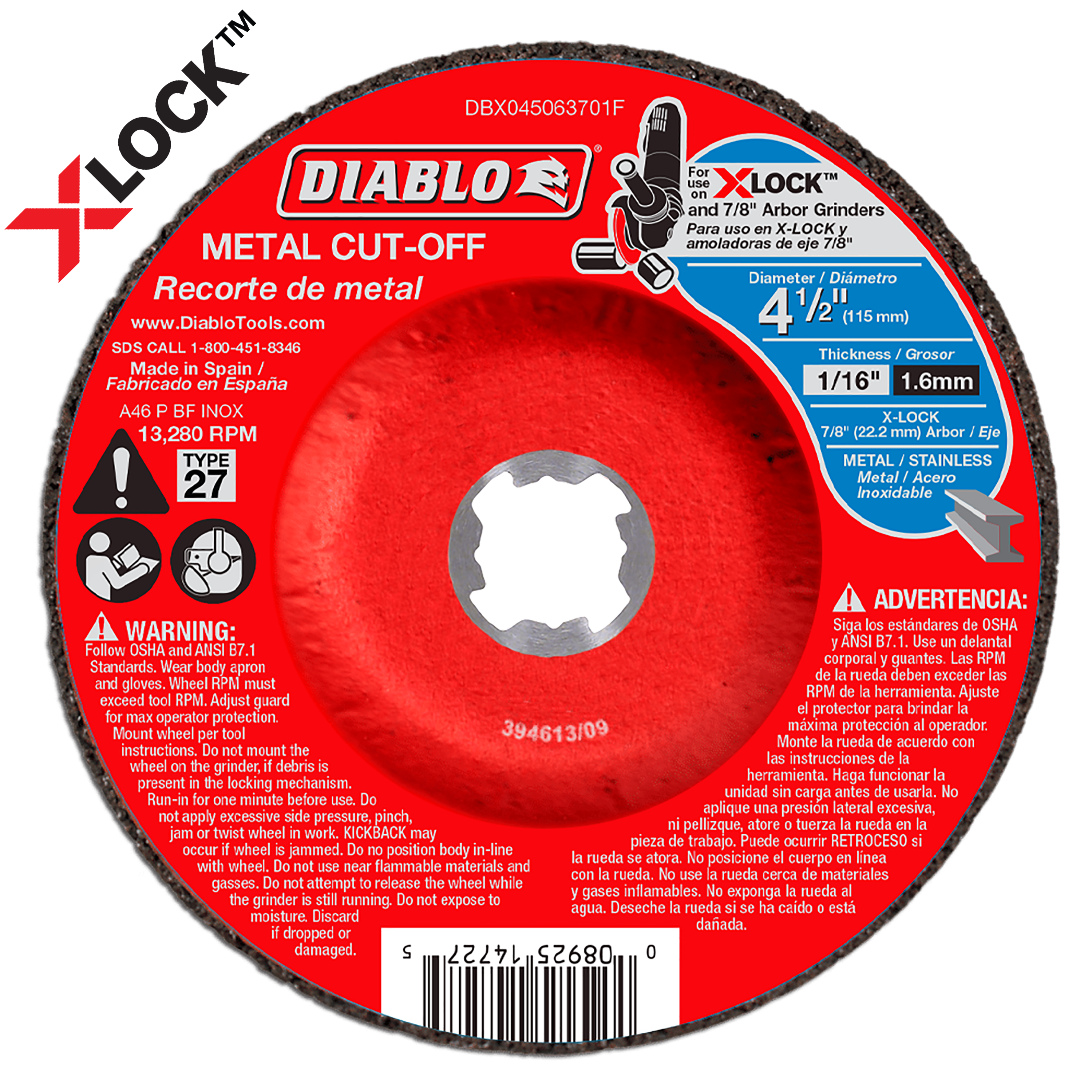 Red Diablo metal cut-off disc with white center hole, 4-1/2 inch diameter, marked TYPE 27 and X-LOCK compatible.