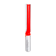 Red and silver straight router bit with half-inch diameter double flute cutting head and metal shank.