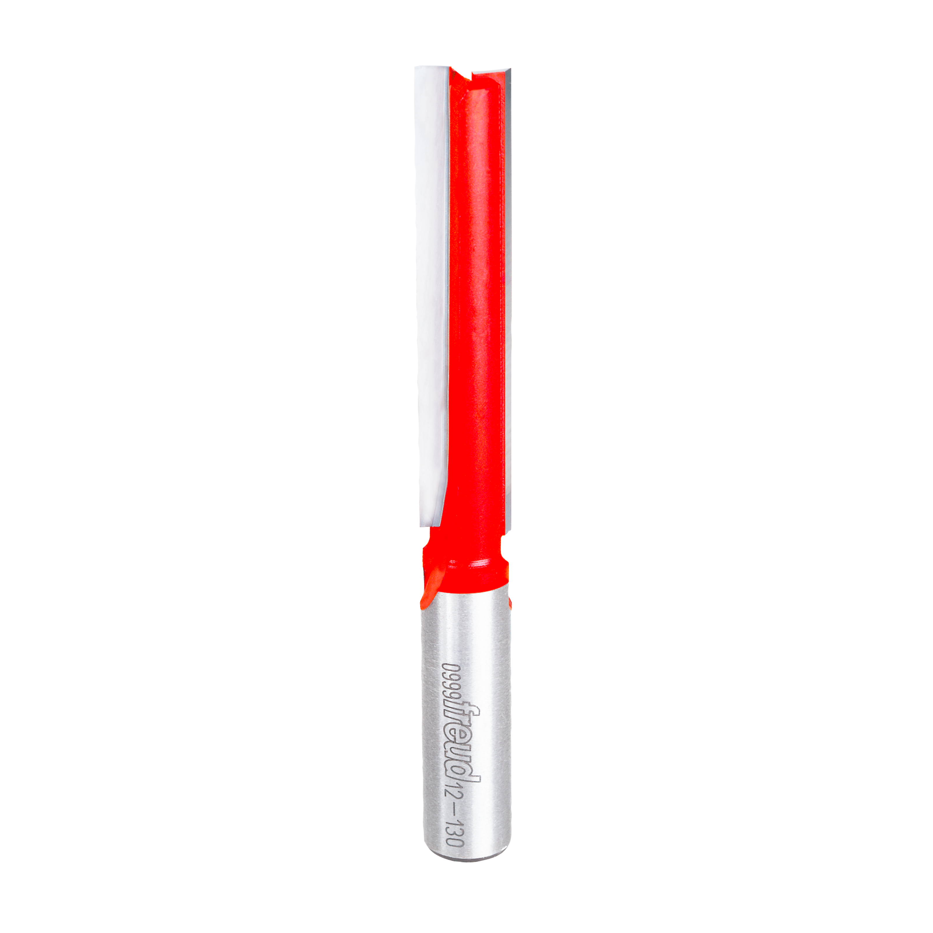 Red and silver straight router bit with half-inch diameter double flute cutting head and metal shank.