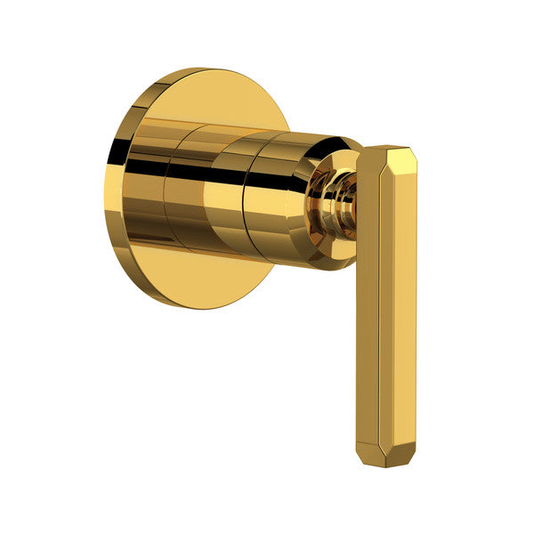 Unlacquered brass apothecary-style trim with cylindrical valve body, circular backplate, and lever handle for volume control 