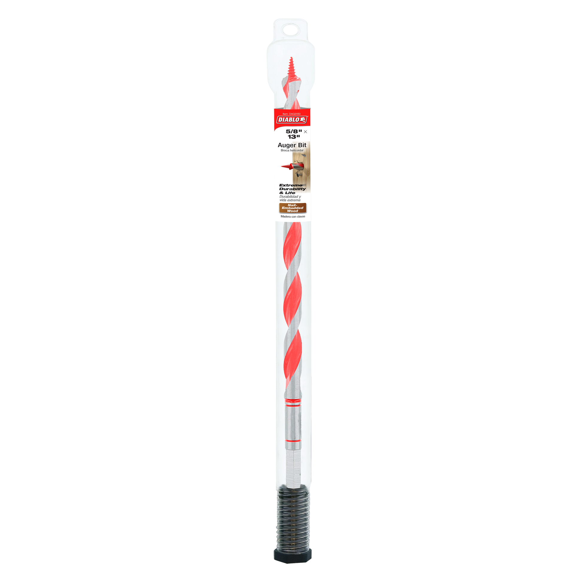 Diablo 5/8 in. x 13 in. auger bit with red and silver twisted flutes and threaded base in packaging.