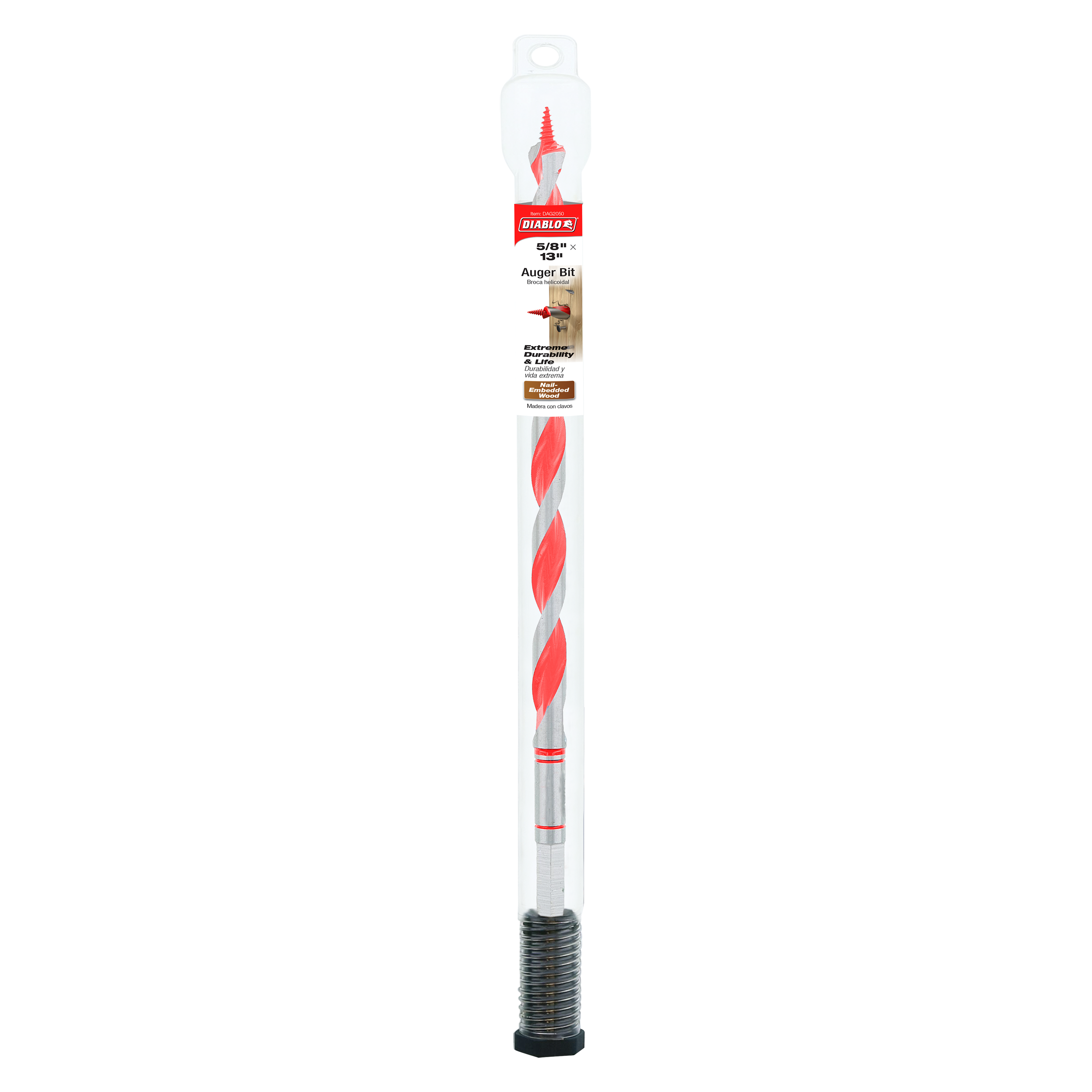 Diablo 5/8 in. x 13 in. auger bit with red and silver twisted flutes and threaded base in packaging.