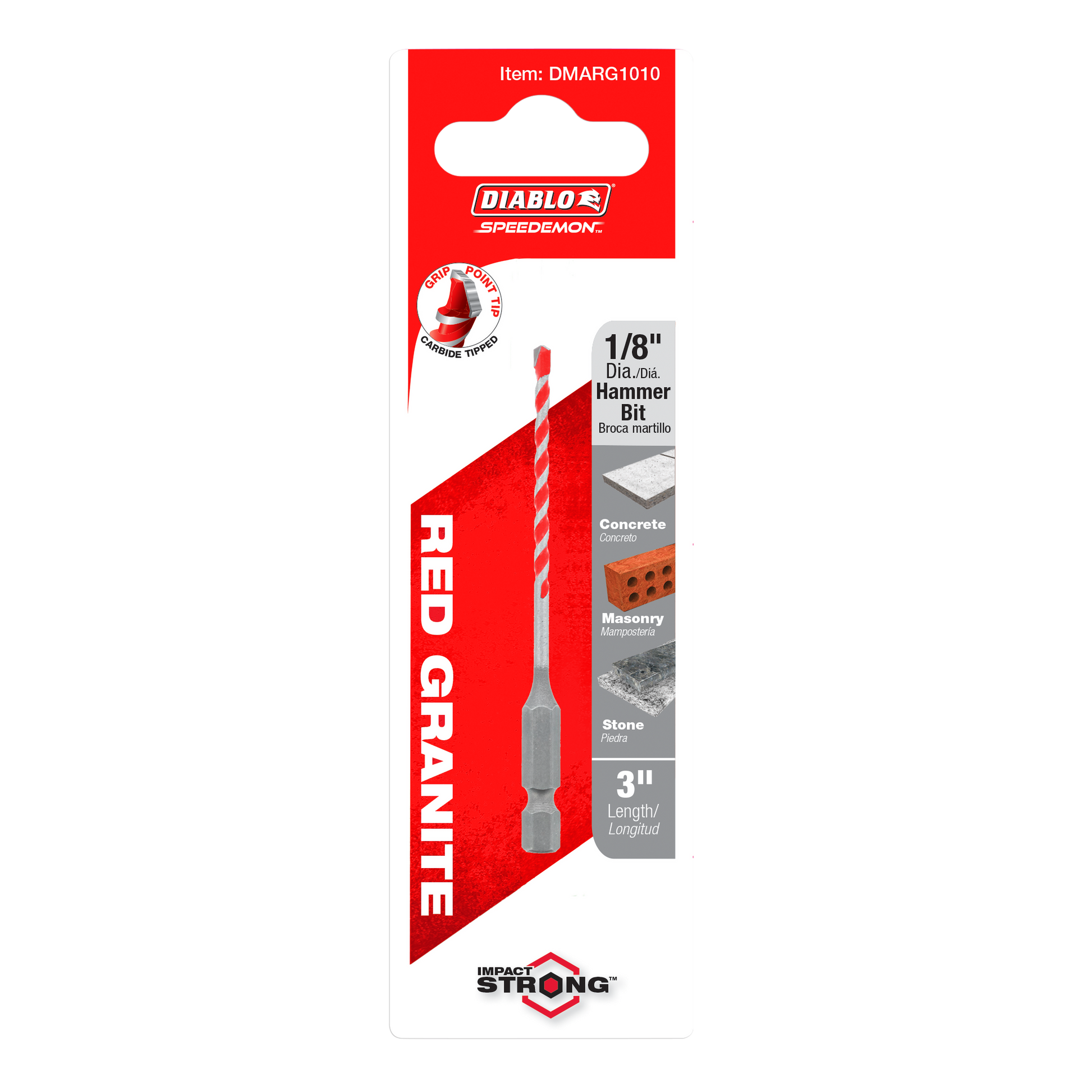 Red and gray 1/8 in. carbide hammer drill bit with spiral flutes on packaging card labeled Diablo SPEEDemon Red Granite.