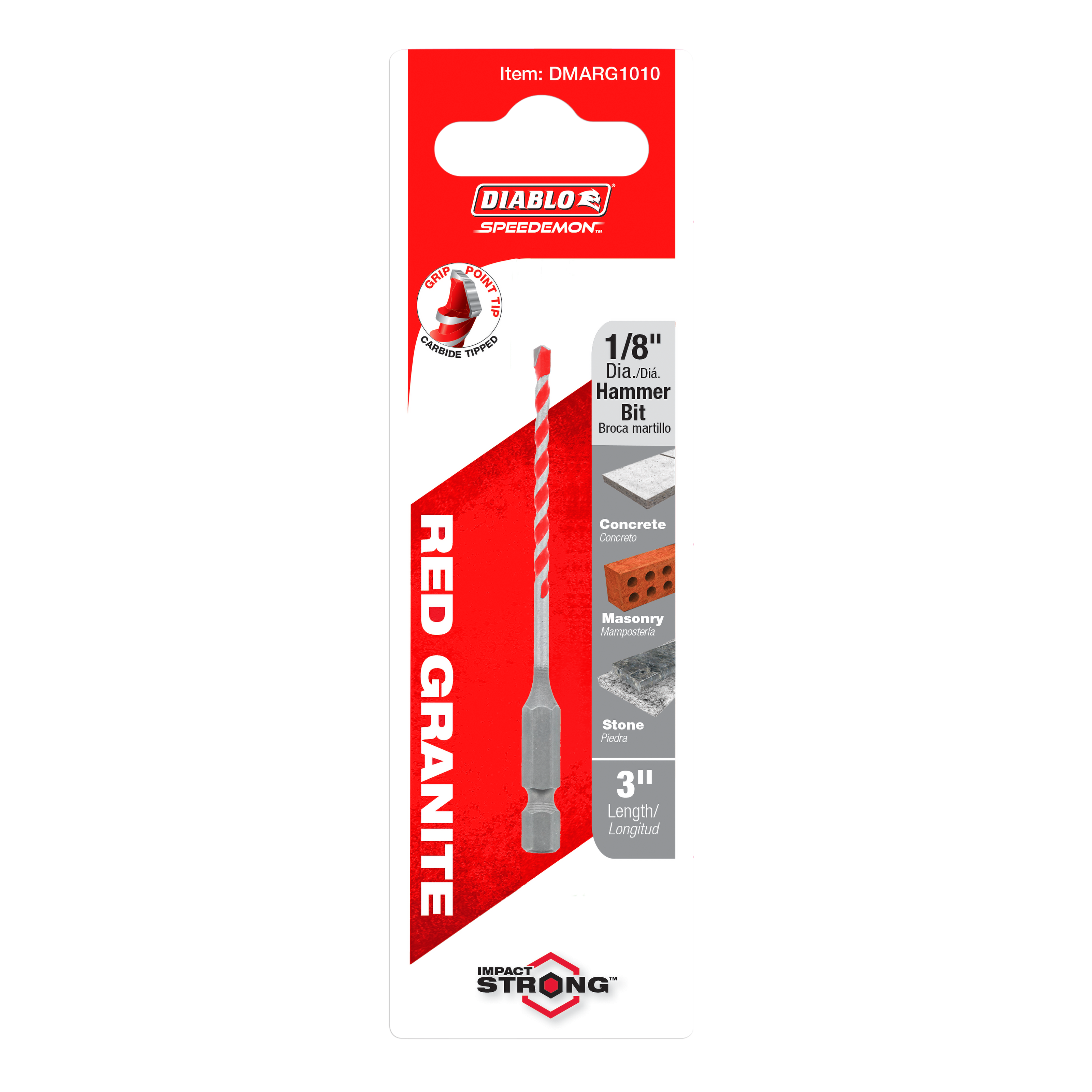Red and gray 1/8 in. carbide hammer drill bit with spiral flutes on packaging card labeled Diablo SPEEDemon Red Granite.