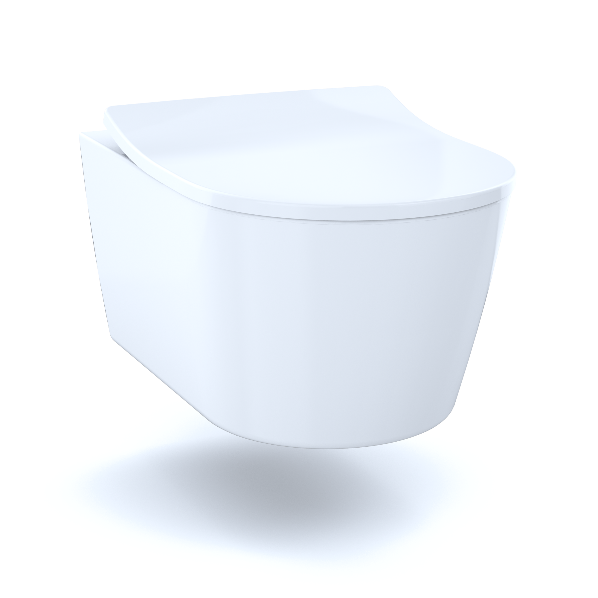 White wall-hung toilet with D-shaped bowl and closed lid.