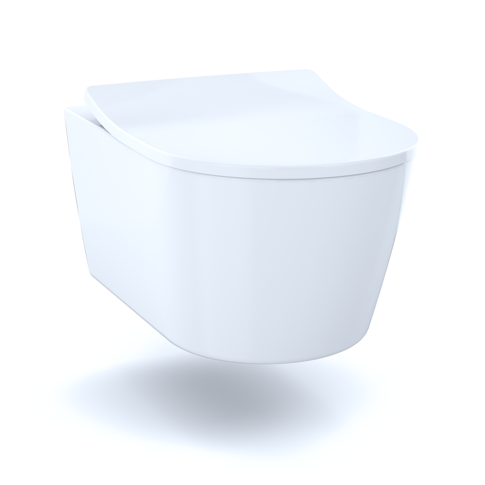 White wall-hung toilet bowl with D-shaped seat and closed lid.