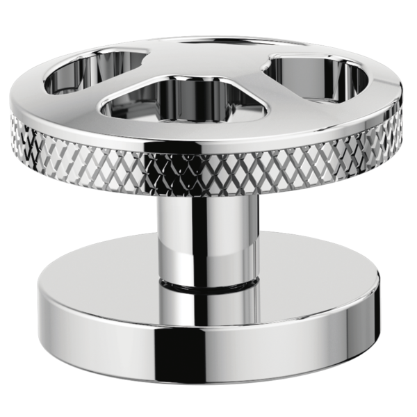 Chrome wheel handle kit with textured grip ring and cylindrical mounting base for lavatory faucet.