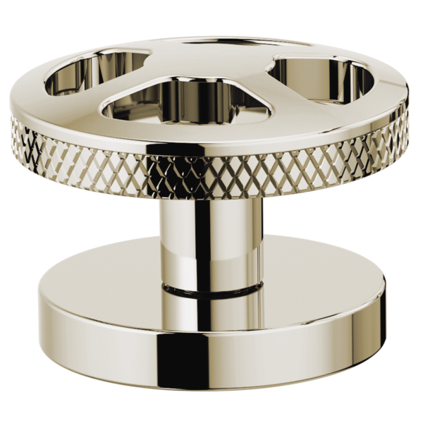 Polished nickel wheel handle kit with crosshatch pattern and cylindrical mounting base for lavatory faucet.