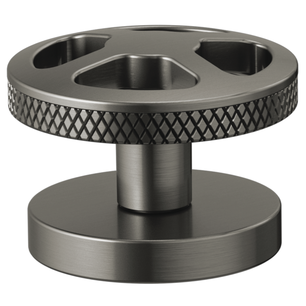 Brushed nickel wheel handle with diamond-patterned knurled edge and cylindrical stem for faucet installation.