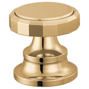 Polished gold wheel handle with circular knurled top and pedestal base for widespread lavatory faucet.